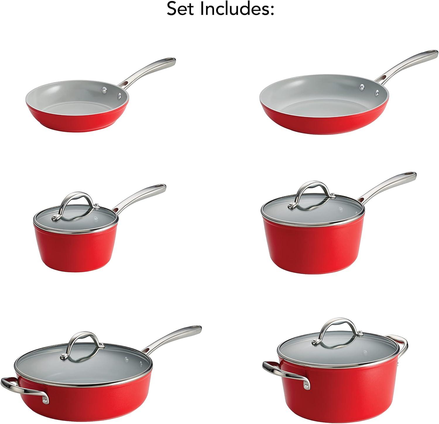 image:imageTramontina 10Piece Ceramic Non Stick Cookware Set with Lids HeavyGauge Aluminum Pots and Pans Kitchen Set with Ceramic Nonstick Coating Dishwasher and Oven Safe RedRed