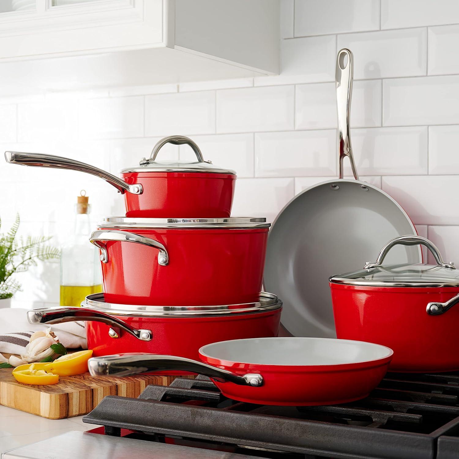 image:imageTramontina 10Piece Ceramic Non Stick Cookware Set with Lids HeavyGauge Aluminum Pots and Pans Kitchen Set with Ceramic Nonstick Coating Dishwasher and Oven Safe RedRed