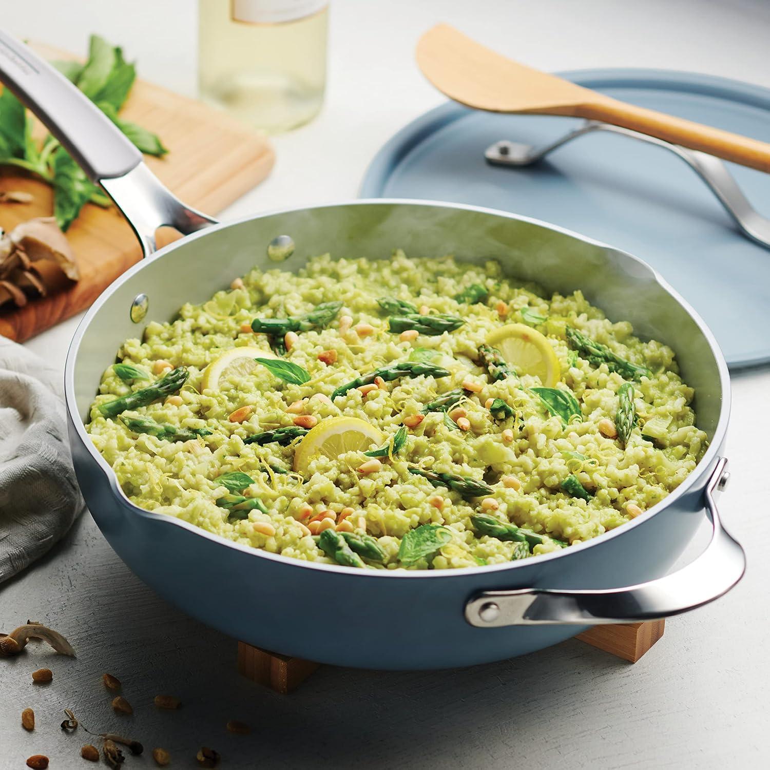 image:imageTramontina AllinOne Plus Pan Set 5Quart Ceramic Non Stick Cooking Pan with Lid Steamer Insert Bamboo Utensil and Trivet BlueBlue
