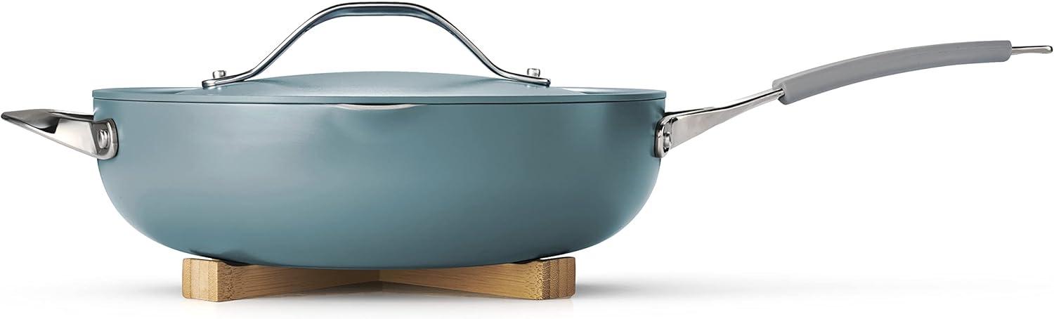 image:imageTramontina AllinOne Plus Pan Set 5Quart Ceramic Non Stick Cooking Pan with Lid Steamer Insert Bamboo Utensil and Trivet BlueBlue