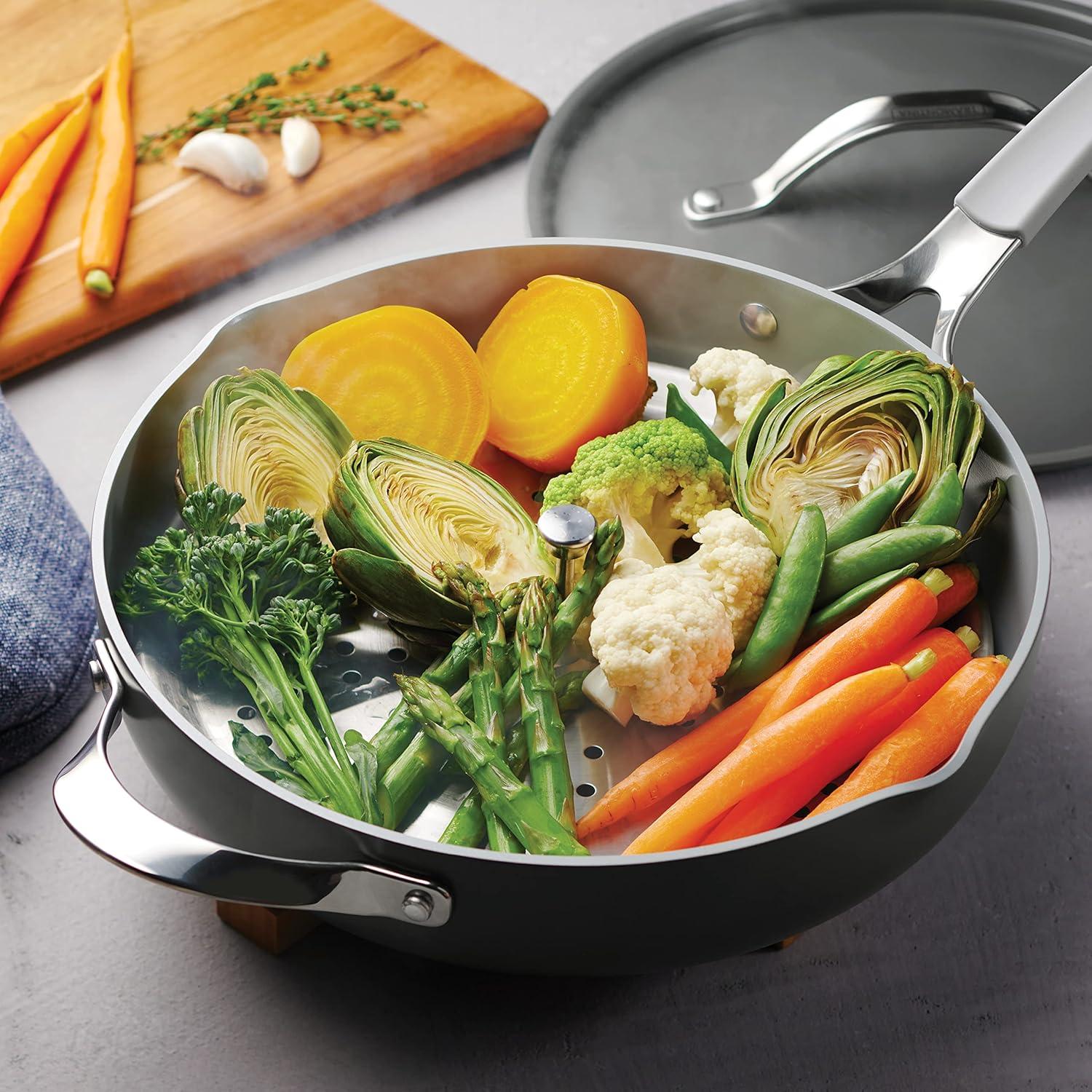 image:imageTramontina AllinOne Plus Pan Set 5Quart Ceramic Non Stick Cooking Pan with Lid Steamer Insert Bamboo Utensil and Trivet BlueGray