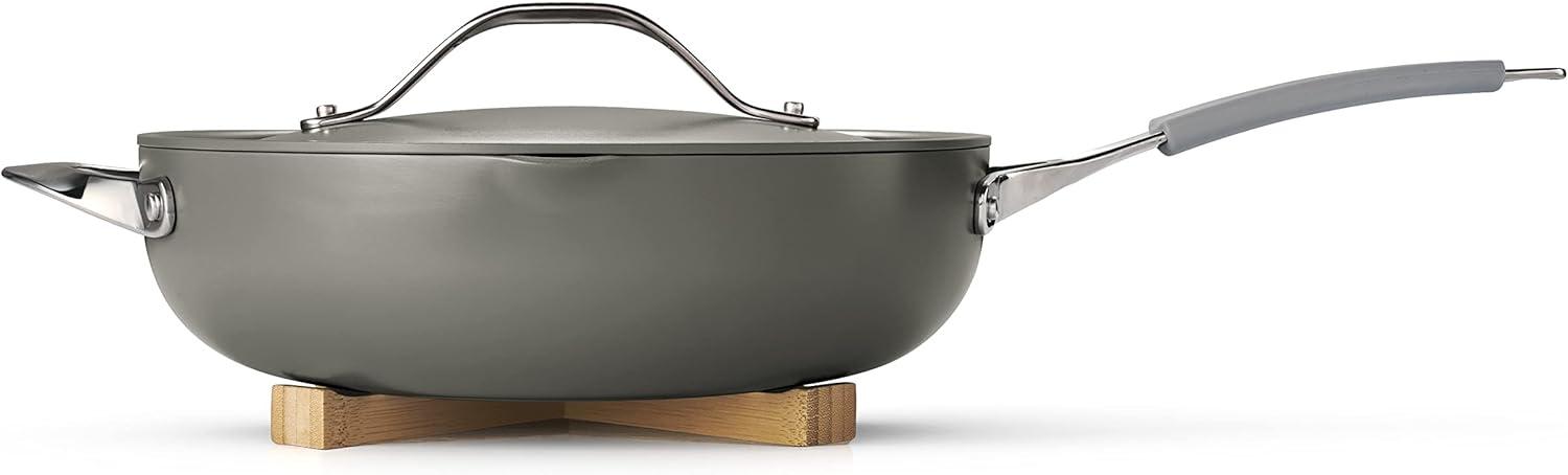 image:imageTramontina AllinOne Plus Pan Set 5Quart Ceramic Non Stick Cooking Pan with Lid Steamer Insert Bamboo Utensil and Trivet BlueGray