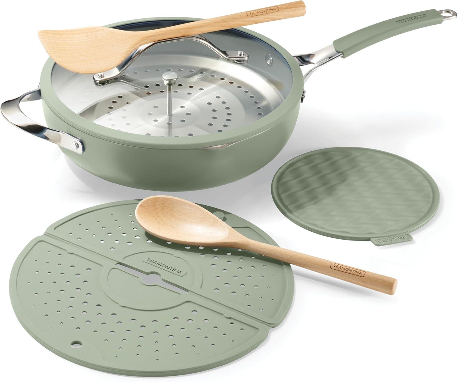image:imageTramontina AllinOne Plus Pan Set 5Quart Ceramic Non Stick Cooking Pan with Lid Steamer Insert Bamboo Utensil and Trivet BlueGreen