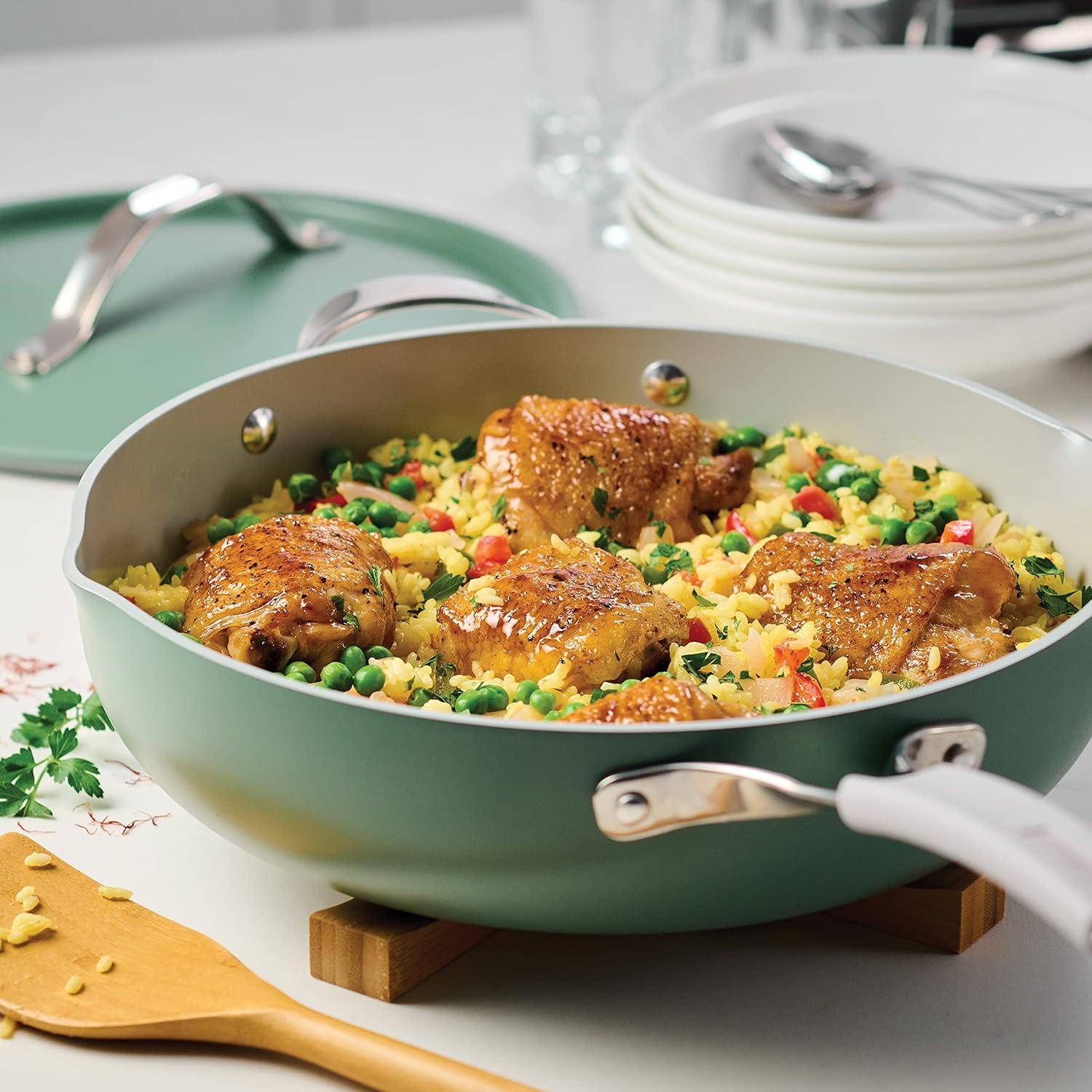 image:imageTramontina AllinOne Plus Pan Set 5Quart Ceramic Non Stick Cooking Pan with Lid Steamer Insert Bamboo Utensil and Trivet BlueGreen