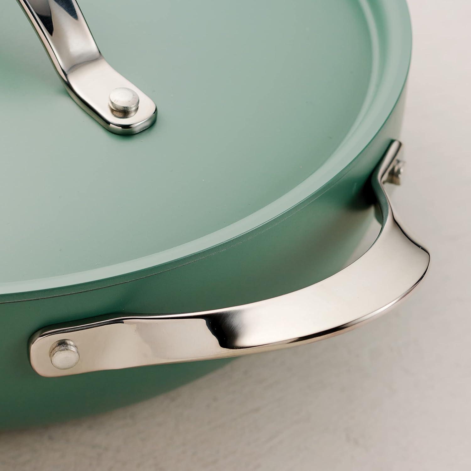 image:imageTramontina AllinOne Plus Pan Set 5Quart Ceramic Non Stick Cooking Pan with Lid Steamer Insert Bamboo Utensil and Trivet BlueGreen