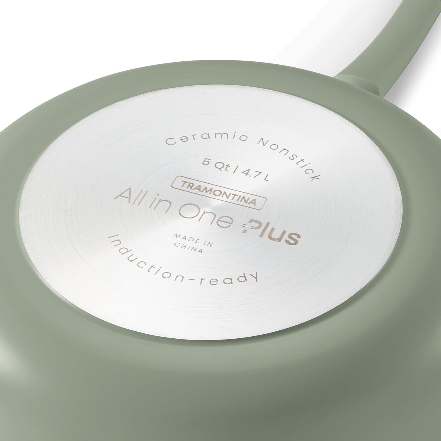 image:imageTramontina AllinOne Plus Pan Set 5Quart Ceramic Non Stick Cooking Pan with Lid Steamer Insert Bamboo Utensil and Trivet BlueGreen