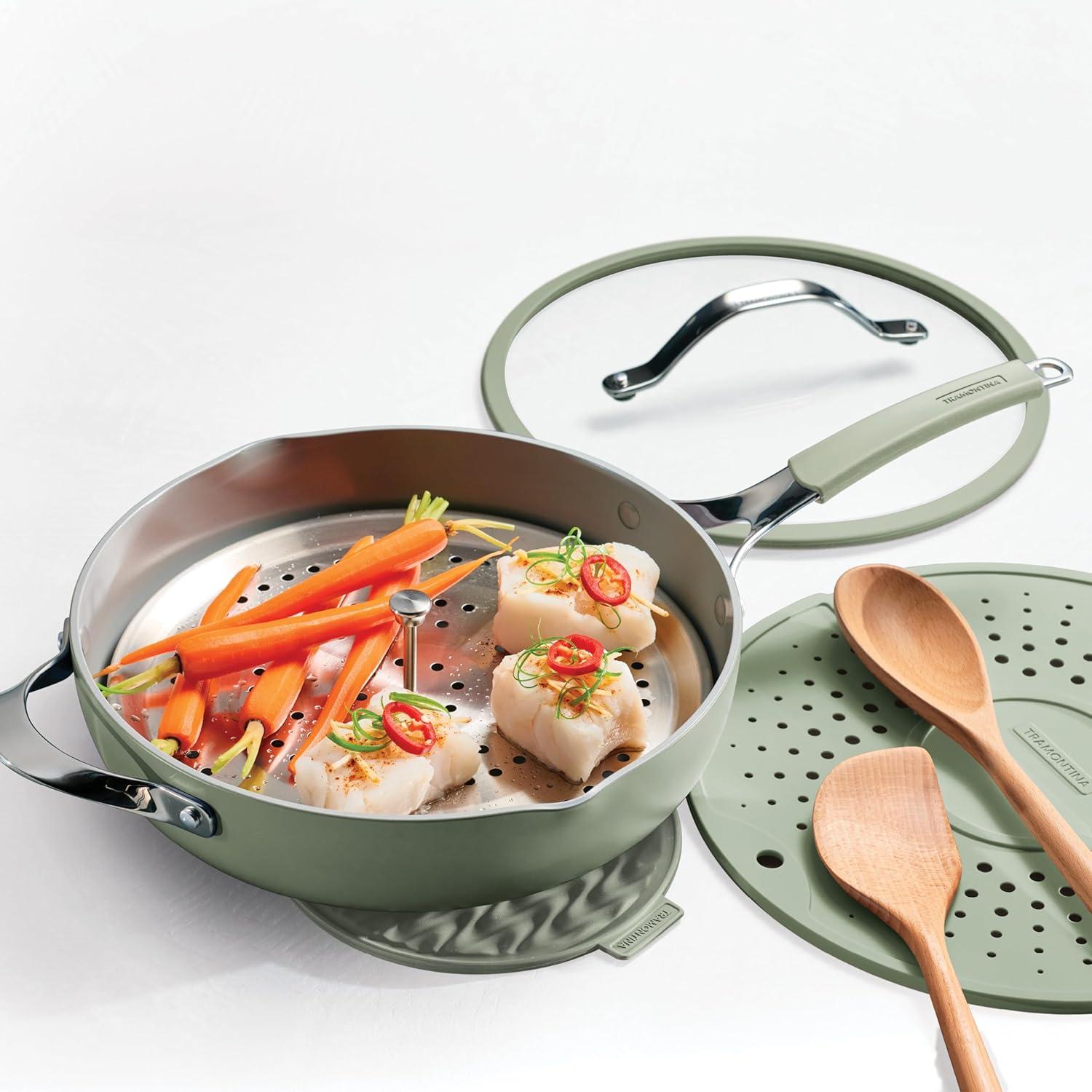image:imageTramontina AllinOne Plus Pan Set 5Quart Ceramic Non Stick Cooking Pan with Lid Steamer Insert Bamboo Utensil and Trivet BlueGreen