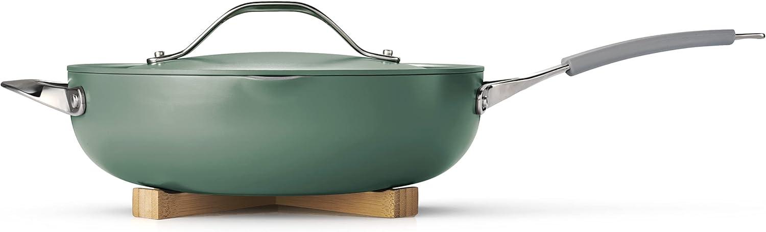 image:imageTramontina AllinOne Plus Pan Set 5Quart Ceramic Non Stick Cooking Pan with Lid Steamer Insert Bamboo Utensil and Trivet BlueGreen