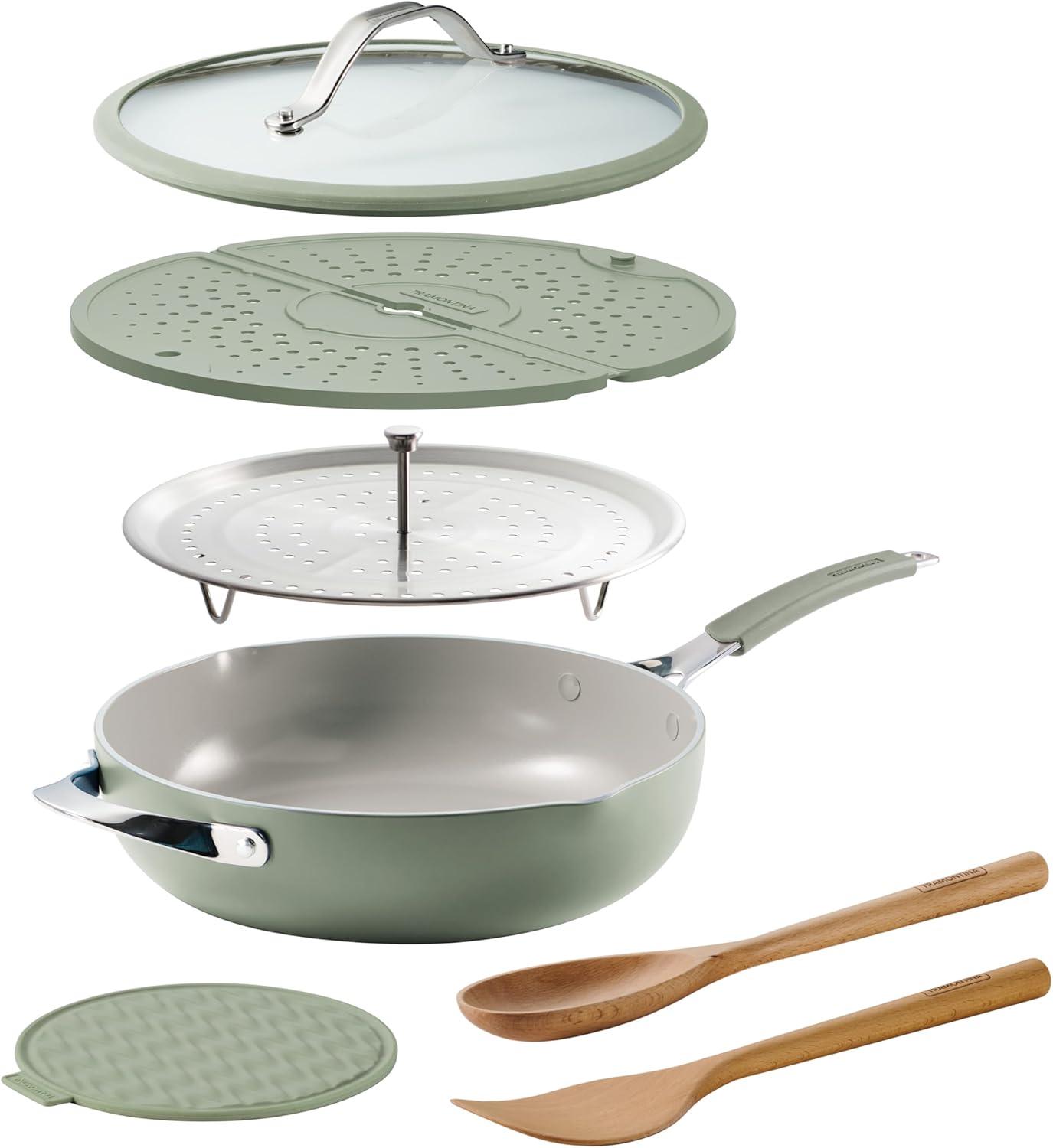 image:imageTramontina AllinOne Plus Pan Set 5Quart Ceramic Non Stick Cooking Pan with Lid Steamer Insert Bamboo Utensil and Trivet BlueGreen