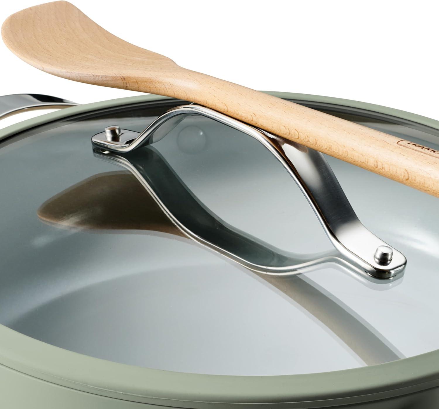 image:imageTramontina AllinOne Plus Pan Set 5Quart Ceramic Non Stick Cooking Pan with Lid Steamer Insert Bamboo Utensil and Trivet BlueGreen
