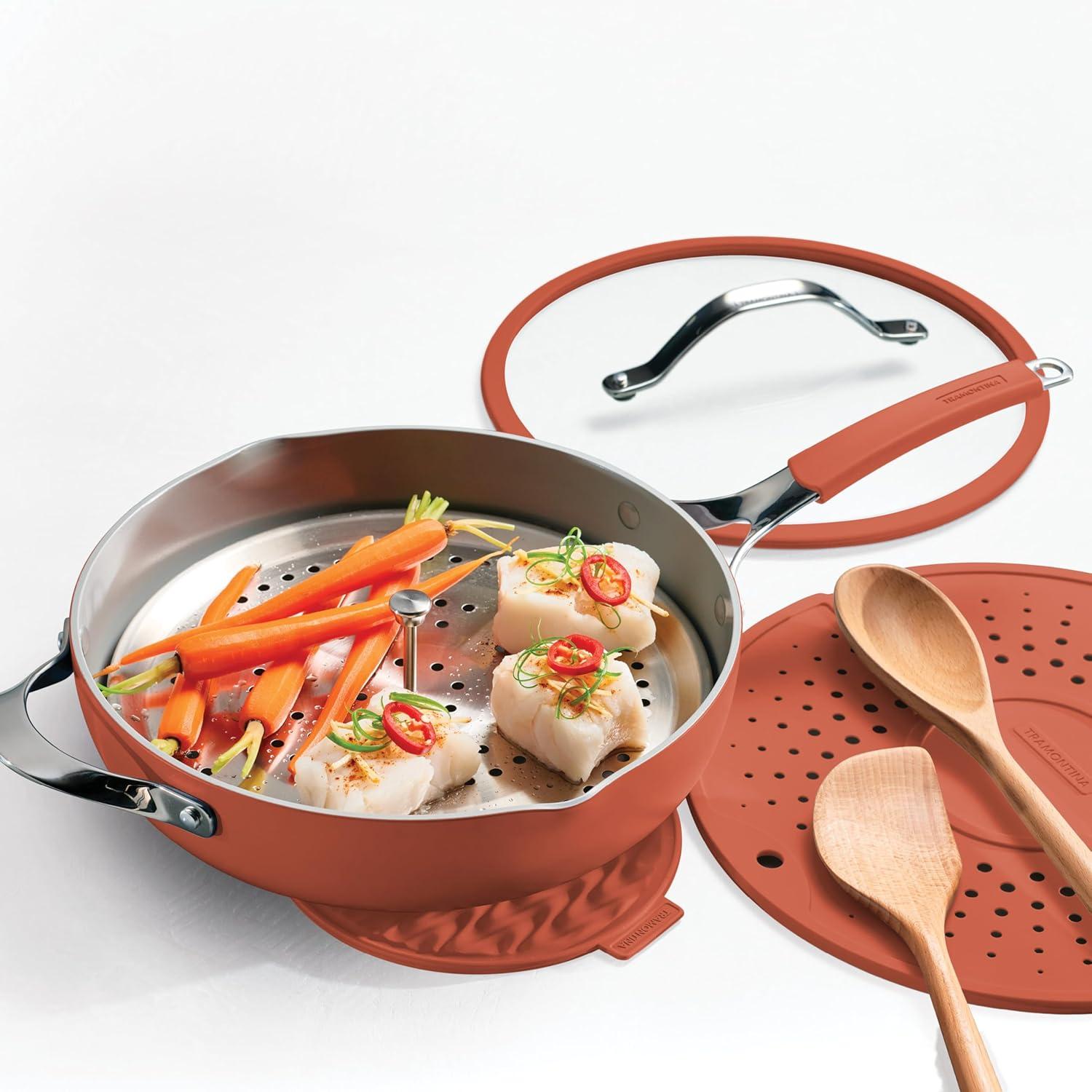 image:imageTramontina AllinOne Plus Pan Set 5Quart Ceramic Non Stick Cooking Pan with Lid Steamer Insert Bamboo Utensil and Trivet BlueOrange