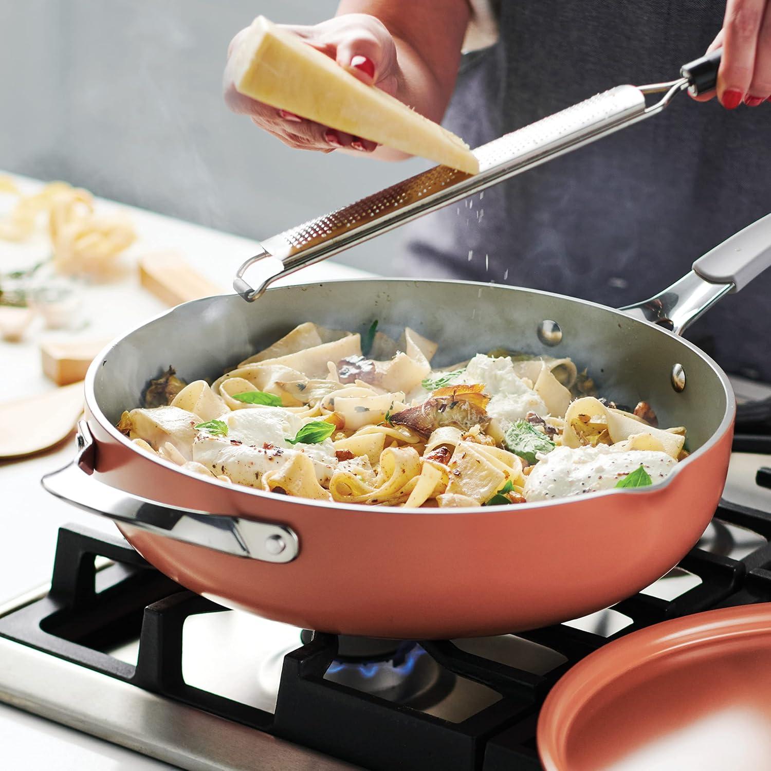 image:imageTramontina AllinOne Plus Pan Set 5Quart Ceramic Non Stick Cooking Pan with Lid Steamer Insert Bamboo Utensil and Trivet BlueOrange
