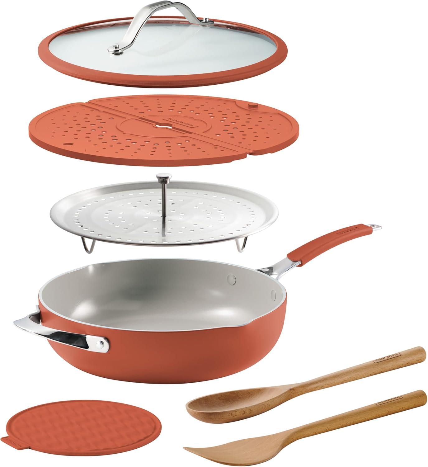 image:imageTramontina AllinOne Plus Pan Set 5Quart Ceramic Non Stick Cooking Pan with Lid Steamer Insert Bamboo Utensil and Trivet BlueOrange