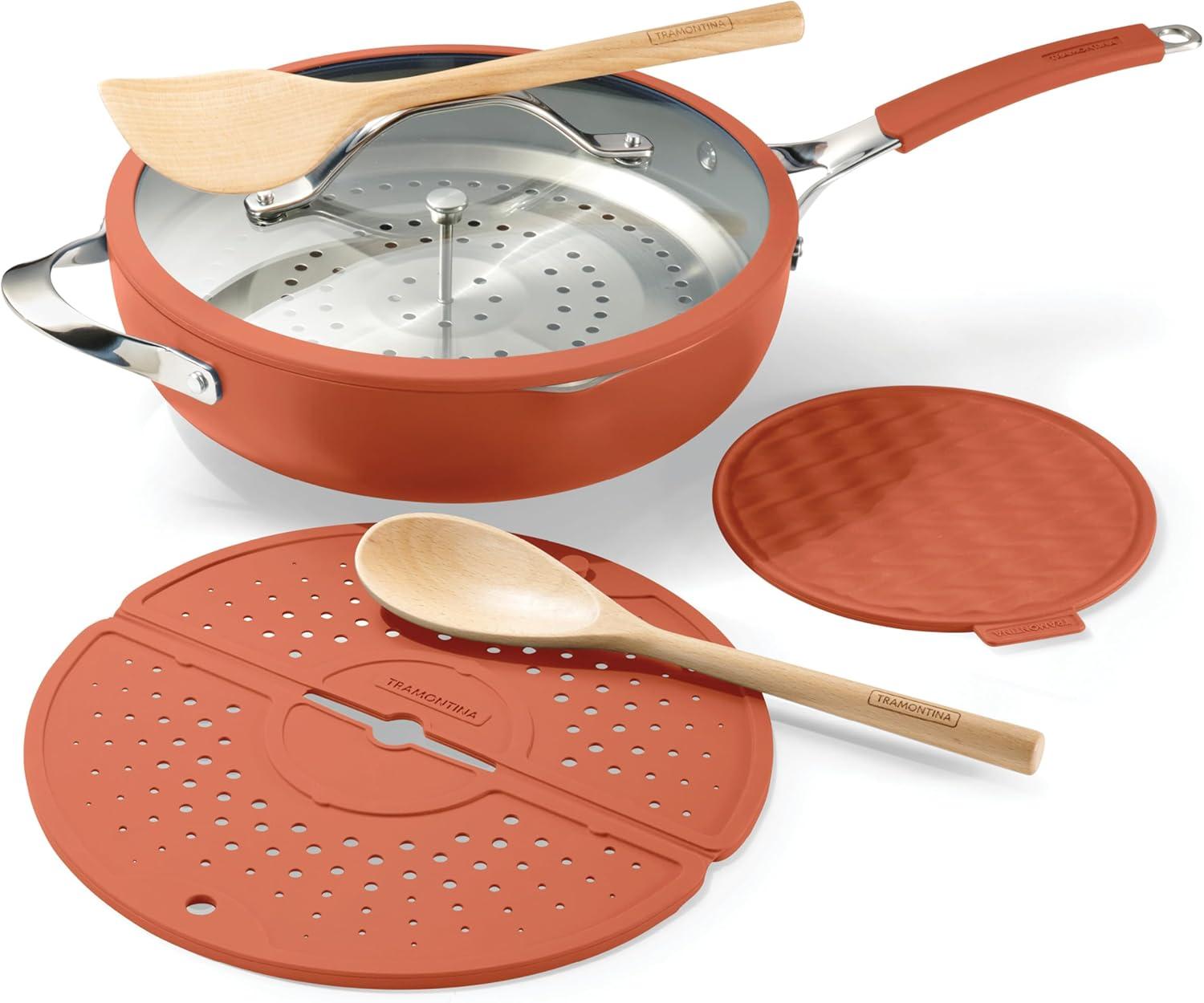 image:imageTramontina AllinOne Plus Pan Set 5Quart Ceramic Non Stick Cooking Pan with Lid Steamer Insert Bamboo Utensil and Trivet BlueOrange