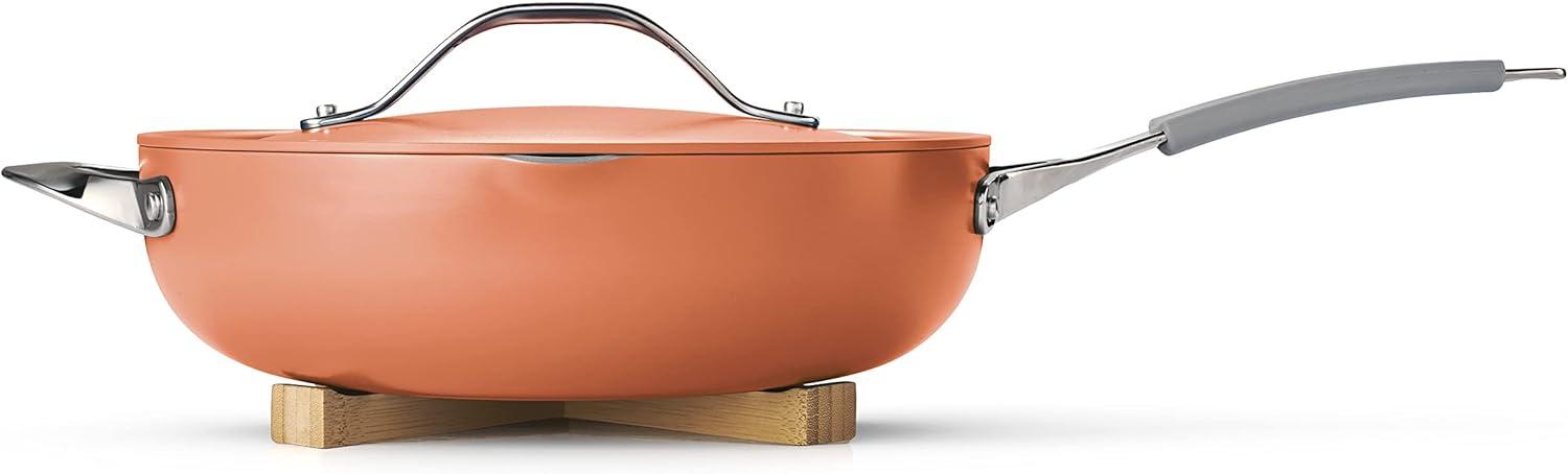 image:imageTramontina AllinOne Plus Pan Set 5Quart Ceramic Non Stick Cooking Pan with Lid Steamer Insert Bamboo Utensil and Trivet BlueOrange