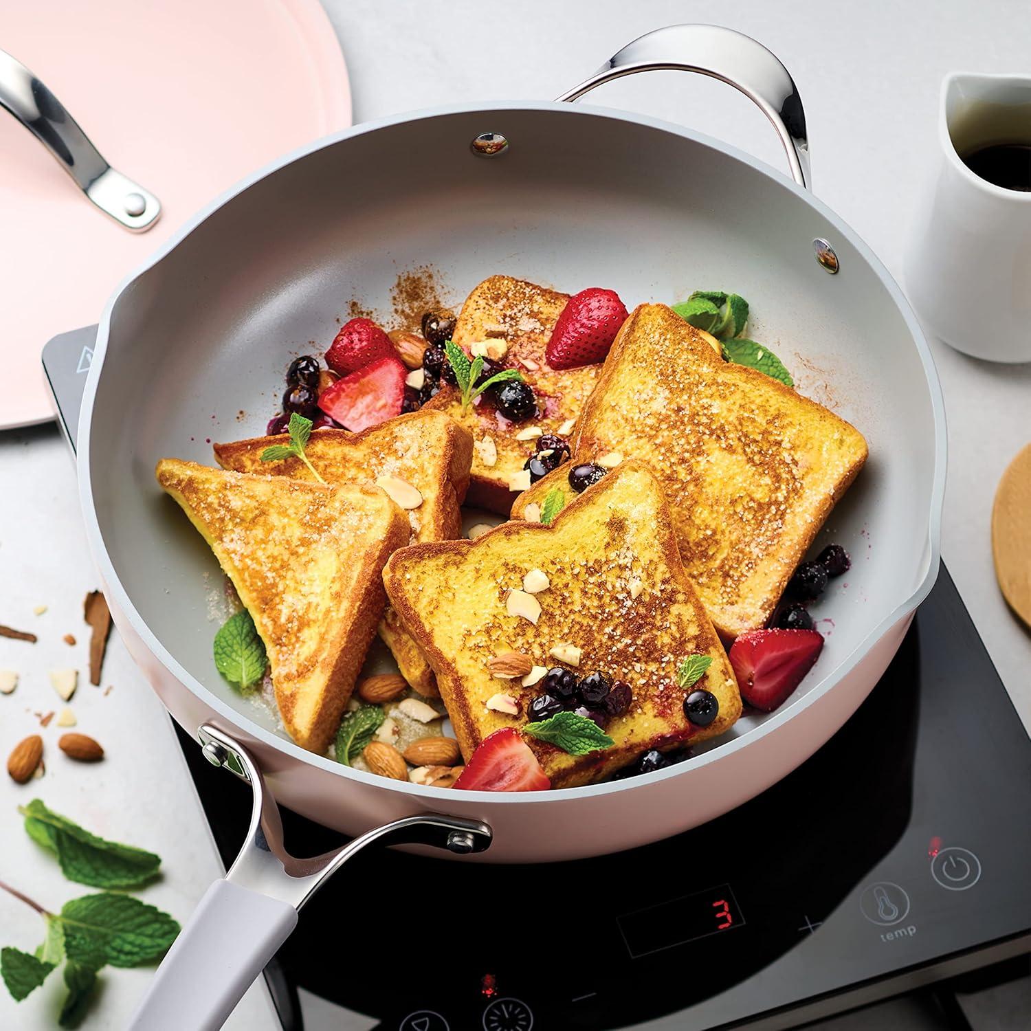 image:imageTramontina AllinOne Plus Pan Set 5Quart Ceramic Non Stick Cooking Pan with Lid Steamer Insert Bamboo Utensil and Trivet BluePink