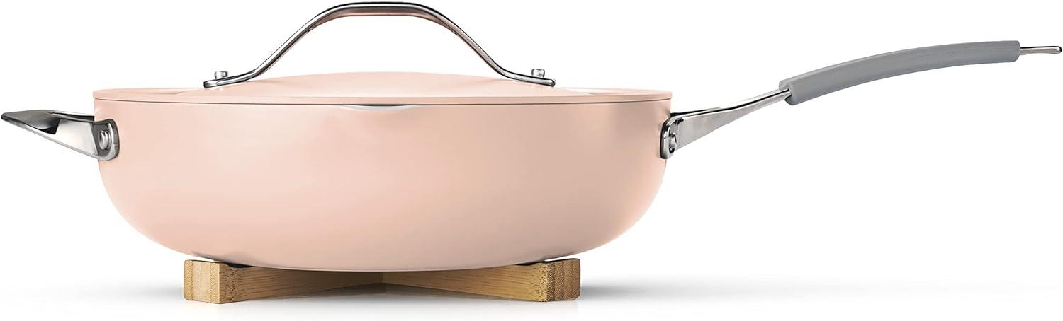 image:imageTramontina AllinOne Plus Pan Set 5Quart Ceramic Non Stick Cooking Pan with Lid Steamer Insert Bamboo Utensil and Trivet BluePink