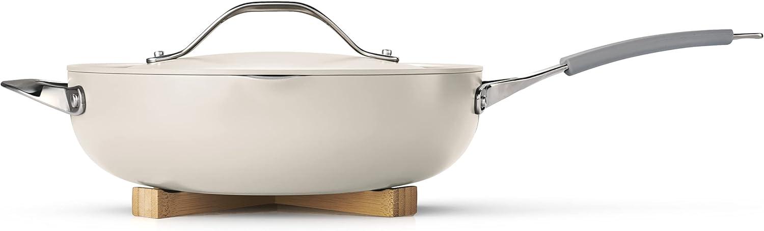 image:imageTramontina AllinOne Plus Pan Set 5Quart Ceramic Non Stick Cooking Pan with Lid Steamer Insert Bamboo Utensil and Trivet BlueWhite