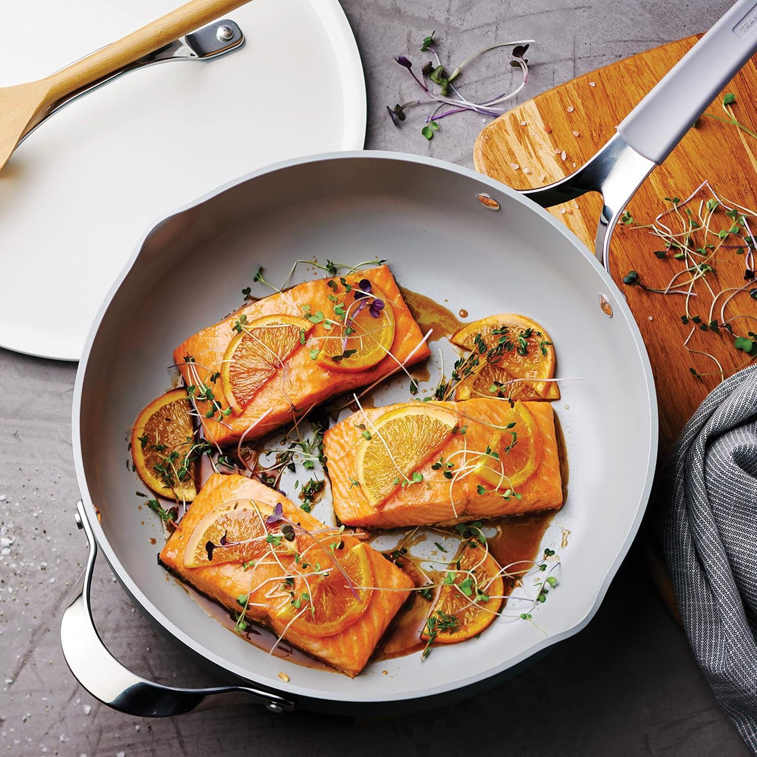 image:imageTramontina AllinOne Plus Pan Set 5Quart Ceramic Non Stick Cooking Pan with Lid Steamer Insert Bamboo Utensil and Trivet BlueWhite
