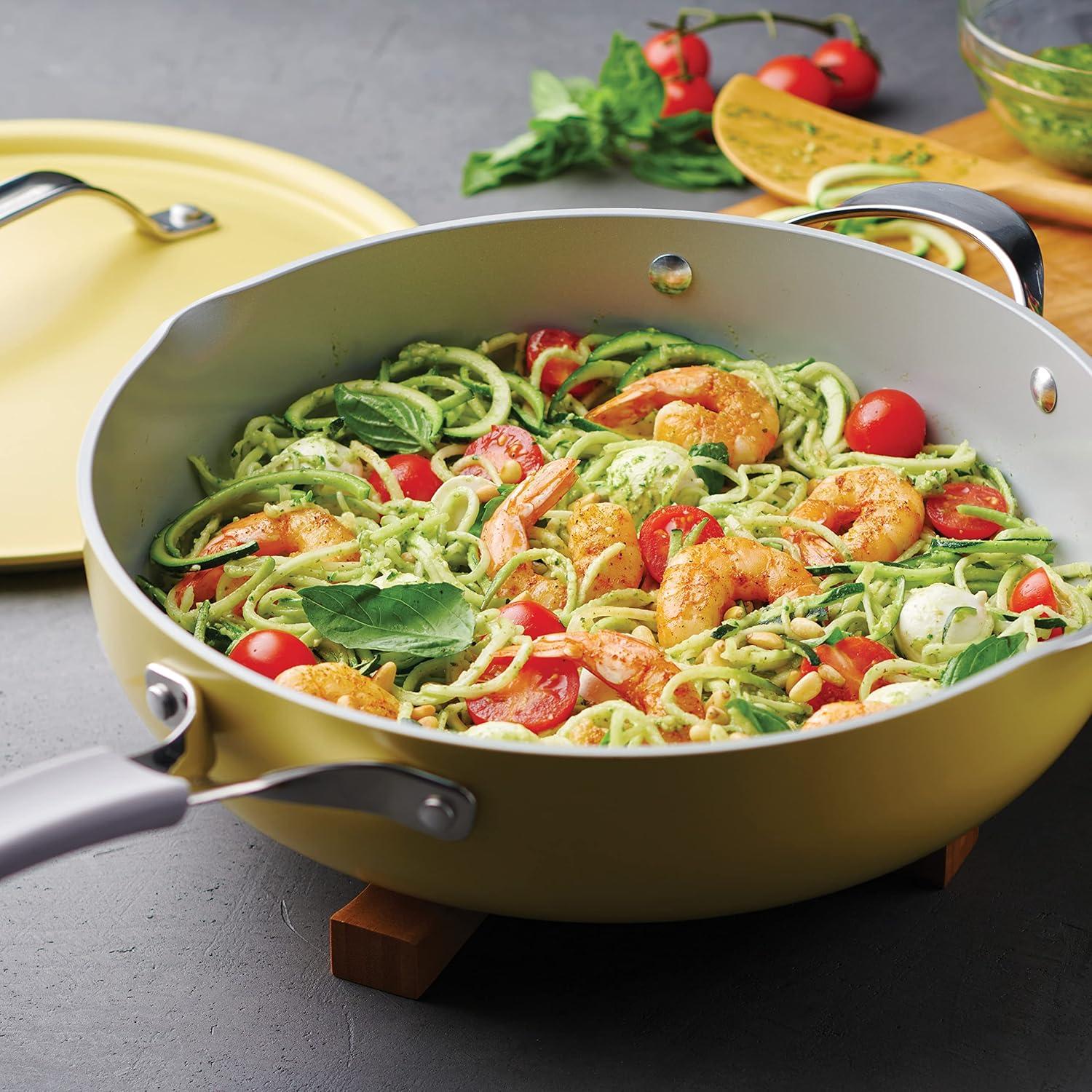 image:imageTramontina AllinOne Plus Pan Set 5Quart Ceramic Non Stick Cooking Pan with Lid Steamer Insert Bamboo Utensil and Trivet BlueYellow