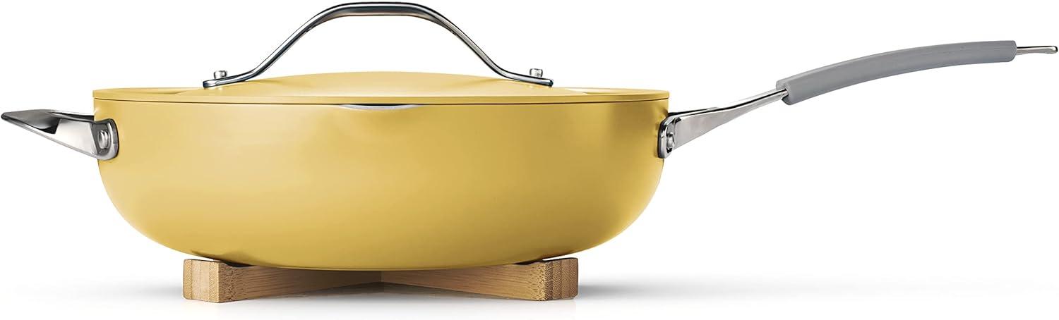 image:imageTramontina AllinOne Plus Pan Set 5Quart Ceramic Non Stick Cooking Pan with Lid Steamer Insert Bamboo Utensil and Trivet BlueYellow