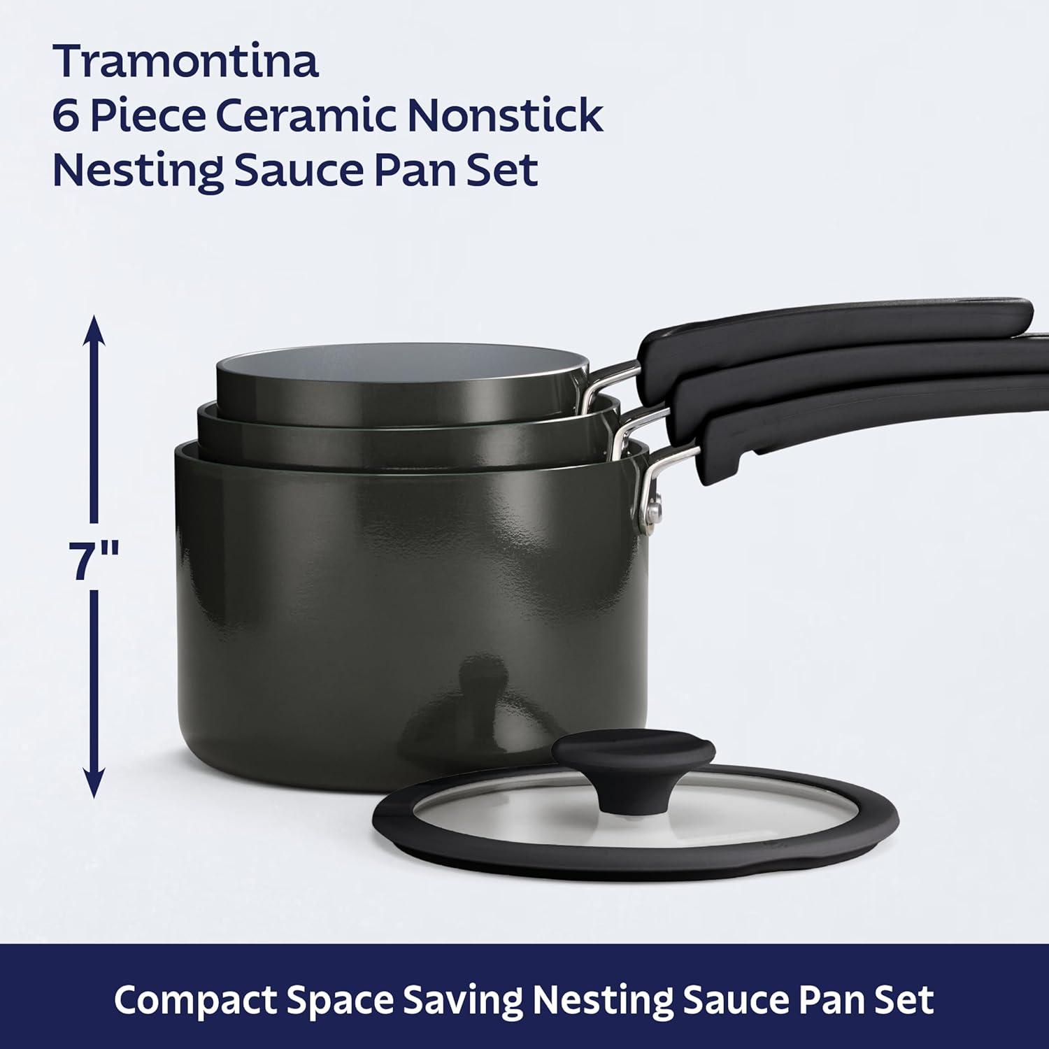 image:imageTramontina Ceramic Non Stick 6Piece Nesting Sauce Pan Set with Lids Stackable Nonstick Cookware Set Dishwasher and Oven Safe Dark GrayDark Gray Ceramic