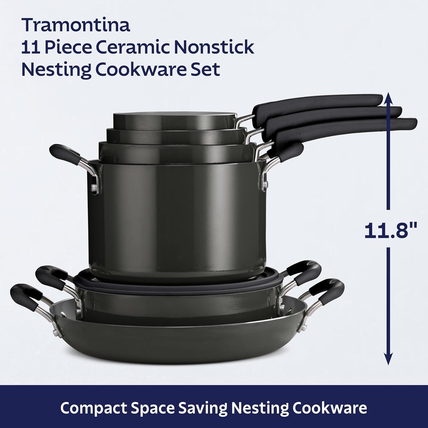 image:imageTramontina Ceramic Non Stick 6Piece Nesting Sauce Pan Set with Lids Stackable Nonstick Cookware Set Dishwasher and Oven Safe Dark GrayDark Gray Ceramic