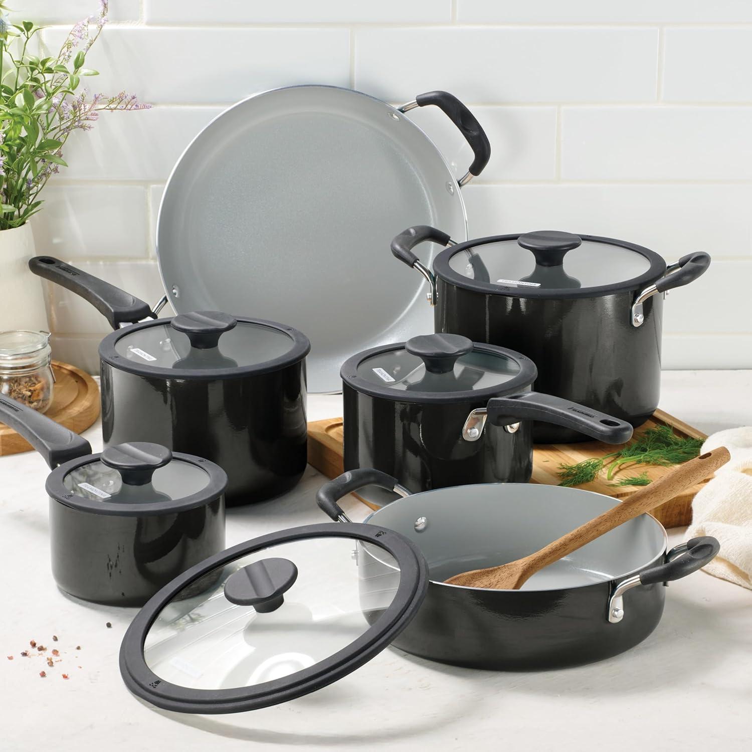 image:imageTramontina Ceramic Non Stick 6Piece Nesting Sauce Pan Set with Lids Stackable Nonstick Cookware Set Dishwasher and Oven Safe Dark GrayDark Gray Ceramic