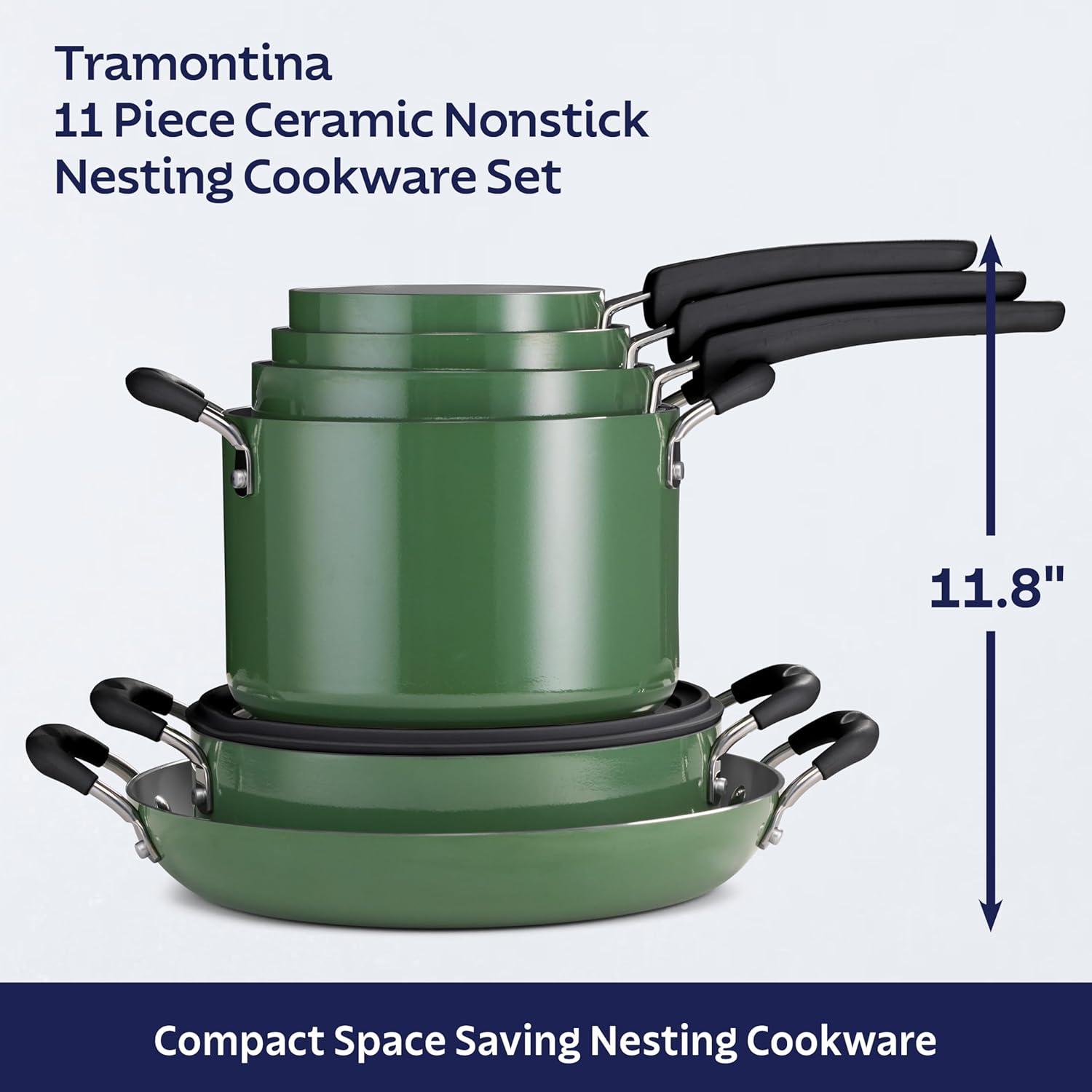 image:imageTramontina Ceramic Non Stick 6Piece Nesting Sauce Pan Set with Lids Stackable Nonstick Cookware Set Dishwasher and Oven Safe Dark GrayGreen Ceramic