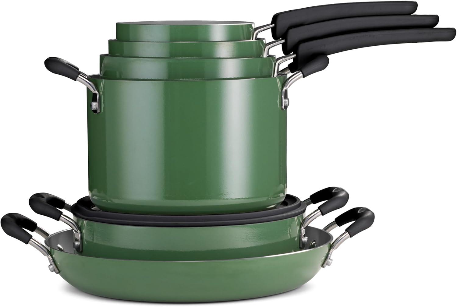 image:imageTramontina Ceramic Non Stick 6Piece Nesting Sauce Pan Set with Lids Stackable Nonstick Cookware Set Dishwasher and Oven Safe Dark GrayGreen Ceramic