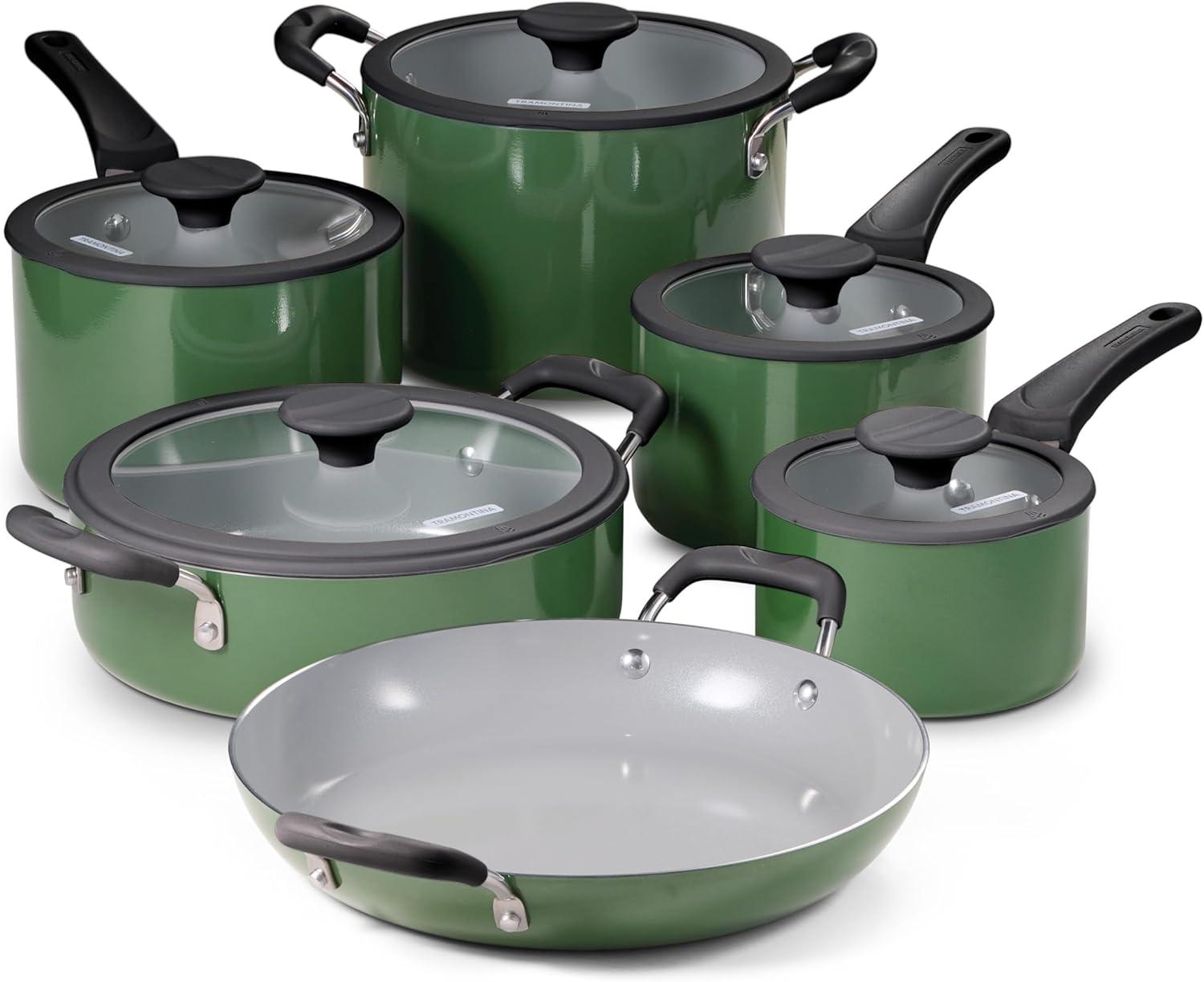 image:imageTramontina Ceramic Non Stick 6Piece Nesting Sauce Pan Set with Lids Stackable Nonstick Cookware Set Dishwasher and Oven Safe Dark GrayGreen Ceramic