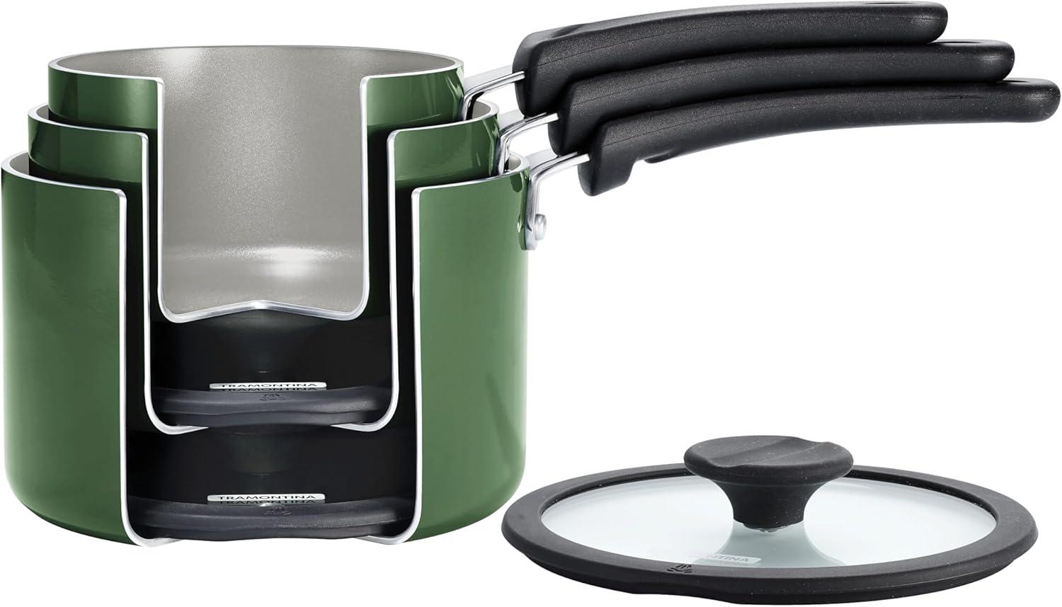 image:imageTramontina Ceramic Non Stick 6Piece Nesting Sauce Pan Set with Lids Stackable Nonstick Cookware Set Dishwasher and Oven Safe Dark GrayGreen Ceramic