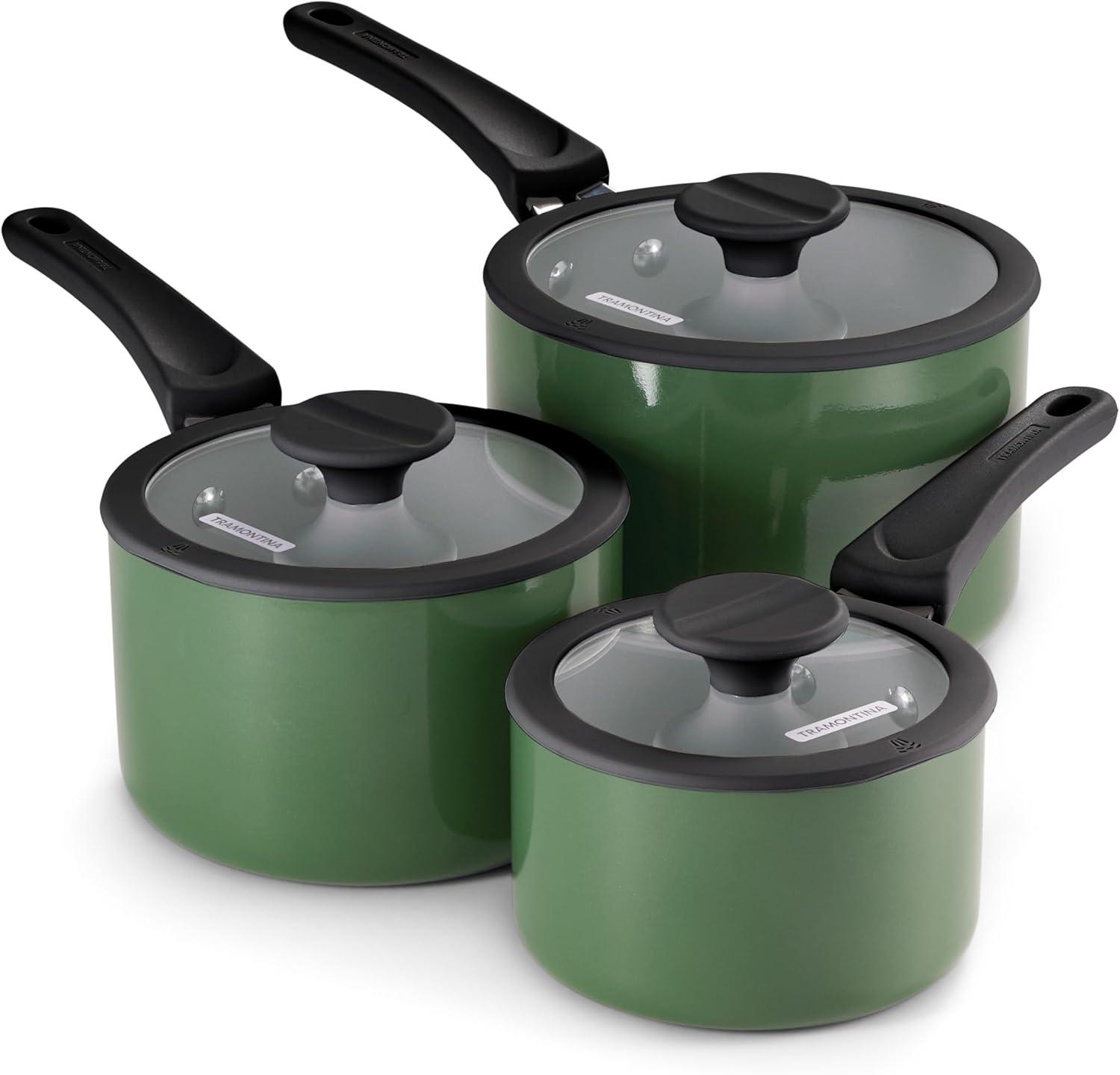 image:imageTramontina Ceramic Non Stick 6Piece Nesting Sauce Pan Set with Lids Stackable Nonstick Cookware Set Dishwasher and Oven Safe Dark GrayGreen Ceramic