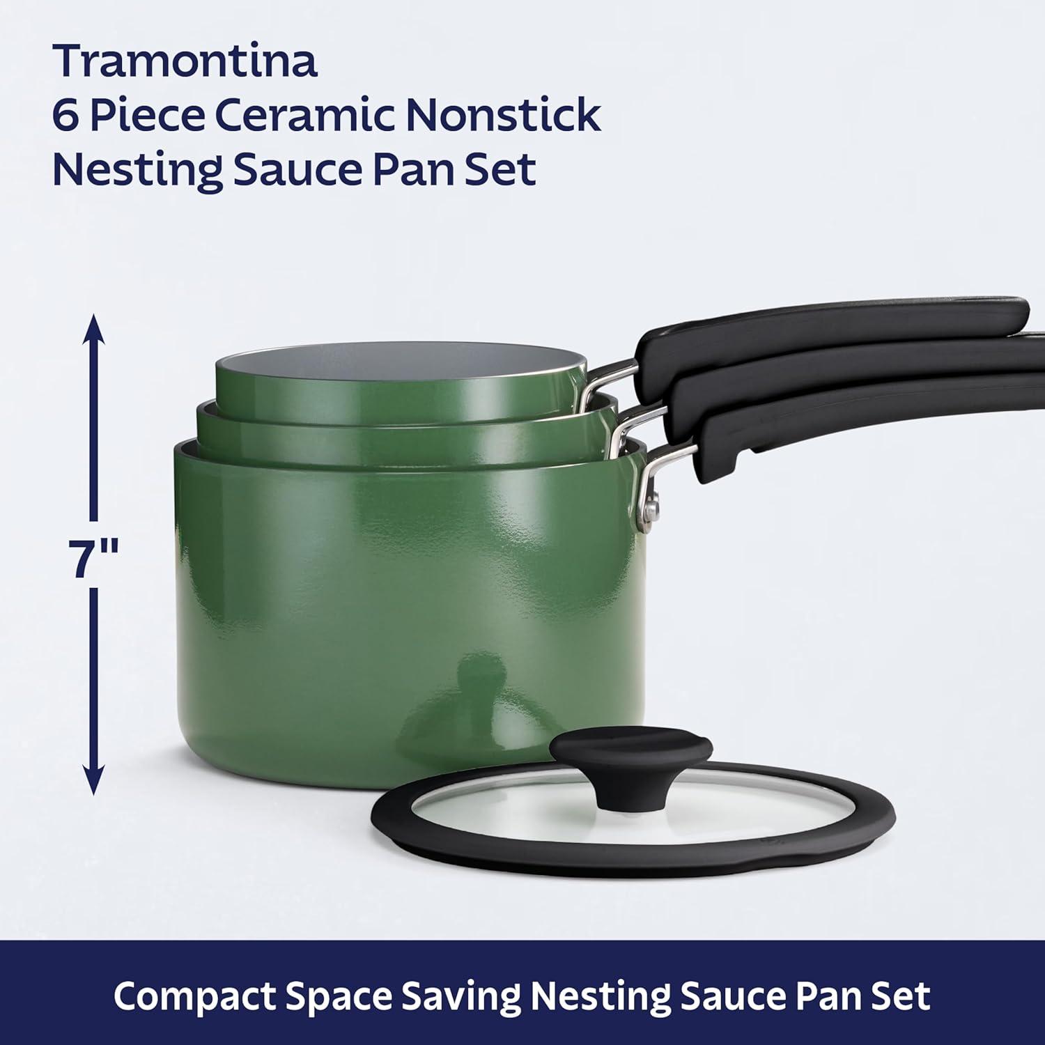 image:imageTramontina Ceramic Non Stick 6Piece Nesting Sauce Pan Set with Lids Stackable Nonstick Cookware Set Dishwasher and Oven Safe Dark GrayGreen Ceramic