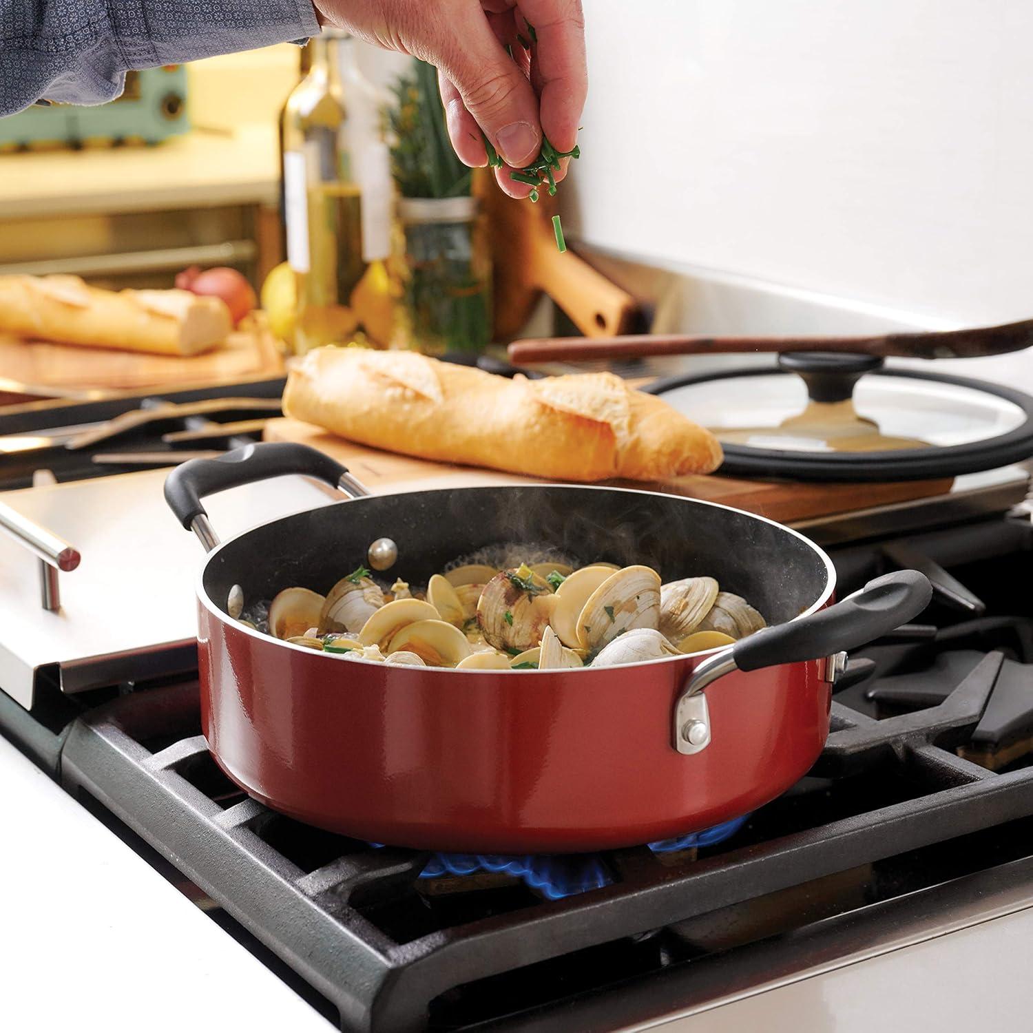 image:imageTramontina Ceramic Non Stick 6Piece Nesting Sauce Pan Set with Lids Stackable Nonstick Cookware Set Dishwasher and Oven Safe Dark GrayRed