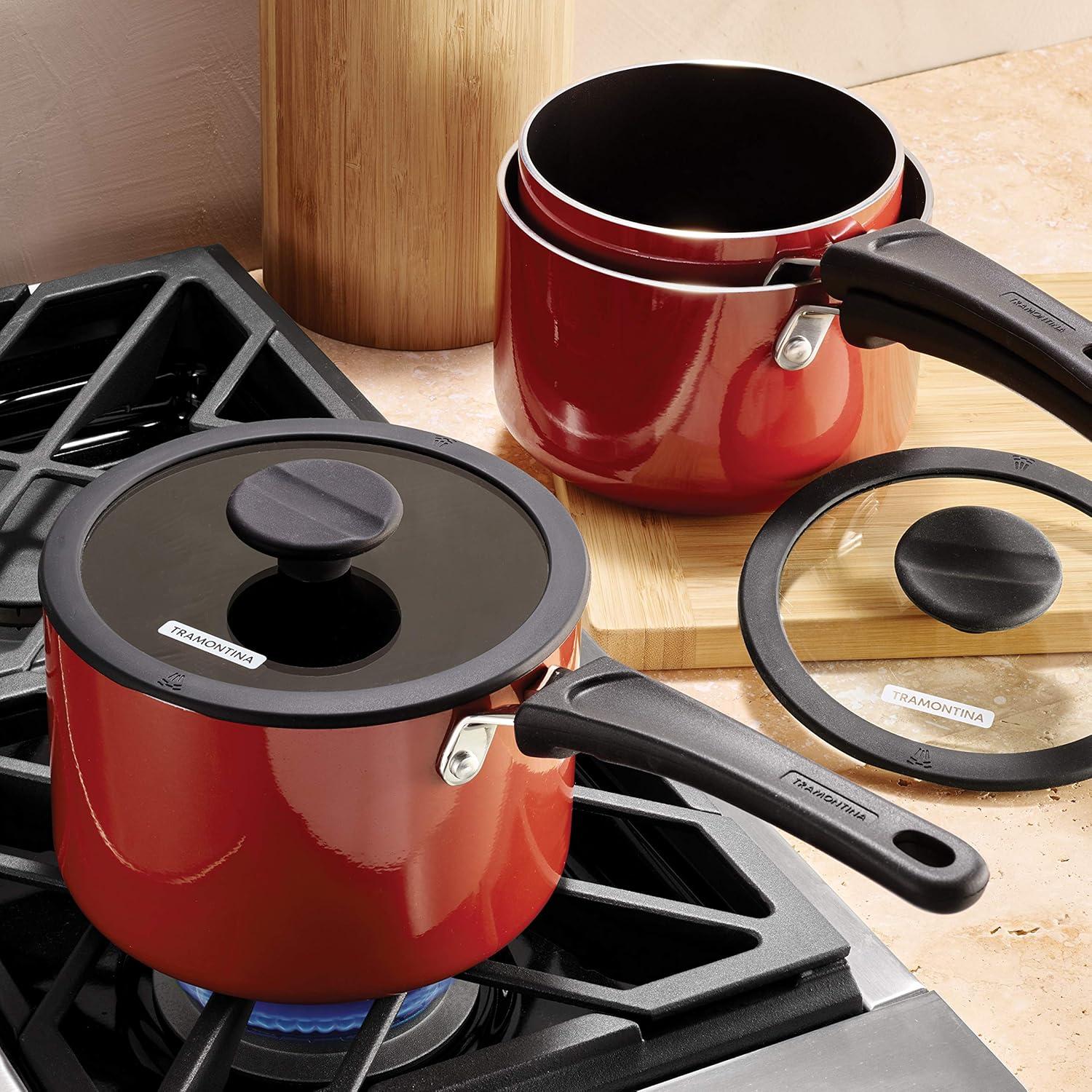 image:imageTramontina Ceramic Non Stick 6Piece Nesting Sauce Pan Set with Lids Stackable Nonstick Cookware Set Dishwasher and Oven Safe Dark GrayRed