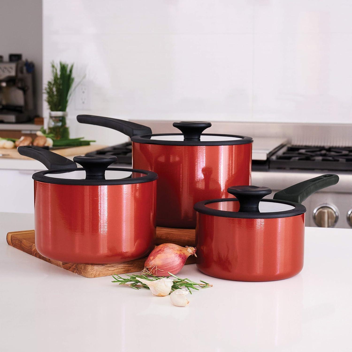image:imageTramontina Ceramic Non Stick 6Piece Nesting Sauce Pan Set with Lids Stackable Nonstick Cookware Set Dishwasher and Oven Safe Dark GrayRed