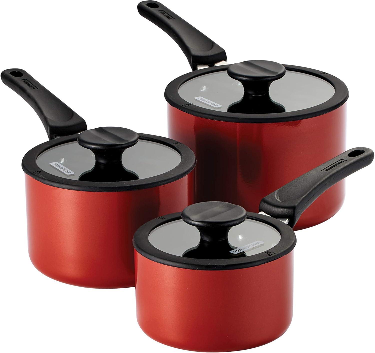 image:imageTramontina Ceramic Non Stick 6Piece Nesting Sauce Pan Set with Lids Stackable Nonstick Cookware Set Dishwasher and Oven Safe Dark GrayRed