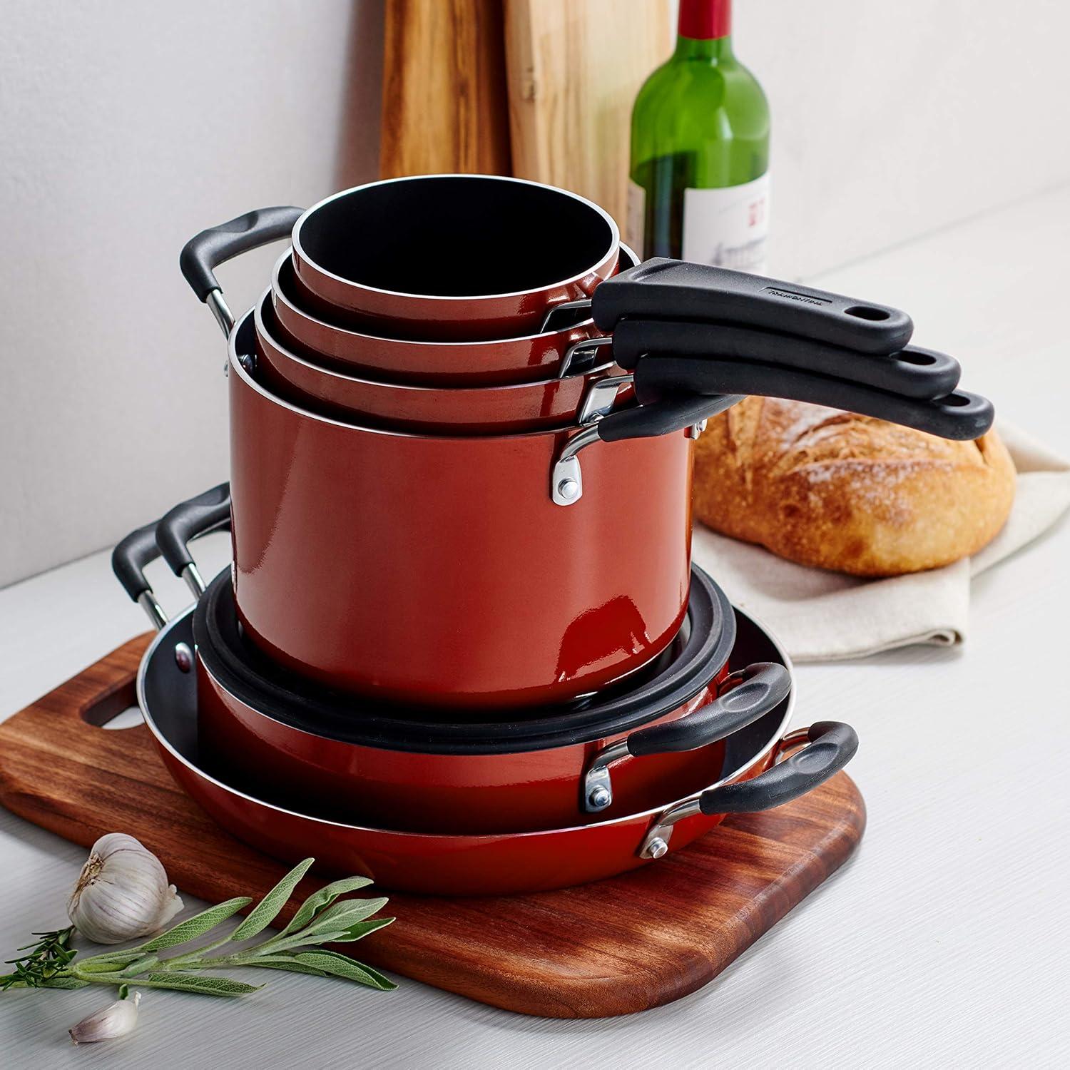 image:imageTramontina Ceramic Non Stick 6Piece Nesting Sauce Pan Set with Lids Stackable Nonstick Cookware Set Dishwasher and Oven Safe Dark GrayRed