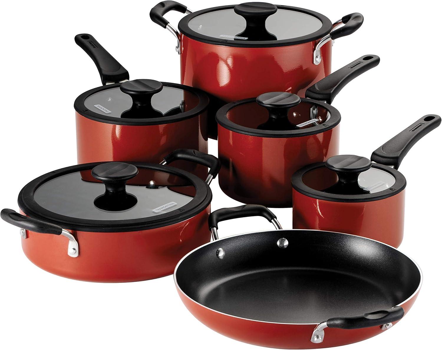image:imageTramontina Ceramic Non Stick 6Piece Nesting Sauce Pan Set with Lids Stackable Nonstick Cookware Set Dishwasher and Oven Safe Dark GrayRed