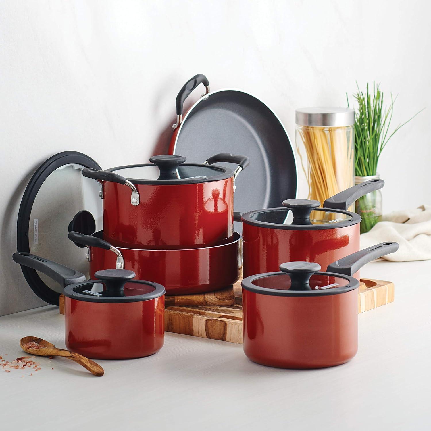 image:imageTramontina Ceramic Non Stick 6Piece Nesting Sauce Pan Set with Lids Stackable Nonstick Cookware Set Dishwasher and Oven Safe Dark GrayRed