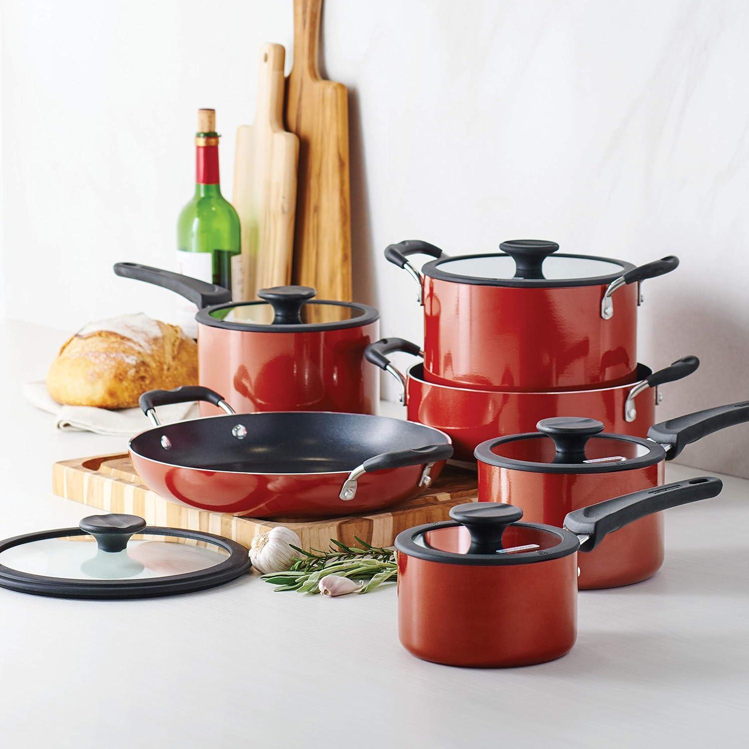 image:imageTramontina Ceramic Non Stick 6Piece Nesting Sauce Pan Set with Lids Stackable Nonstick Cookware Set Dishwasher and Oven Safe Dark GrayRed