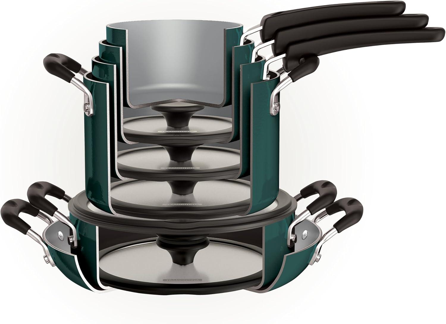 image:imageTramontina Ceramic Non Stick 6Piece Nesting Sauce Pan Set with Lids Stackable Nonstick Cookware Set Dishwasher and Oven Safe Dark GrayTeal Ceramic