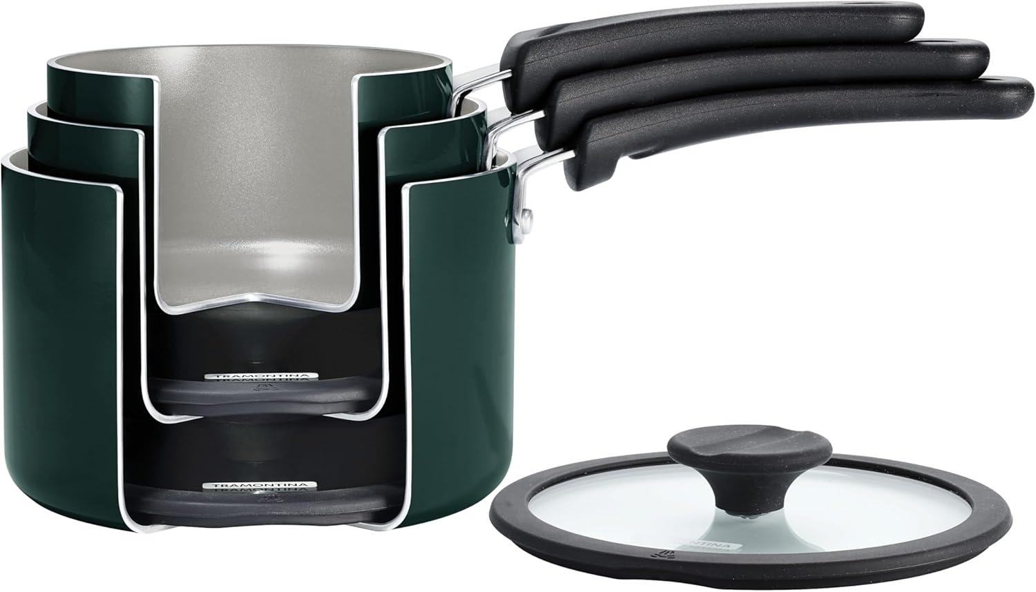 image:imageTramontina Ceramic Non Stick 6Piece Nesting Sauce Pan Set with Lids Stackable Nonstick Cookware Set Dishwasher and Oven Safe Dark GrayTeal Ceramic