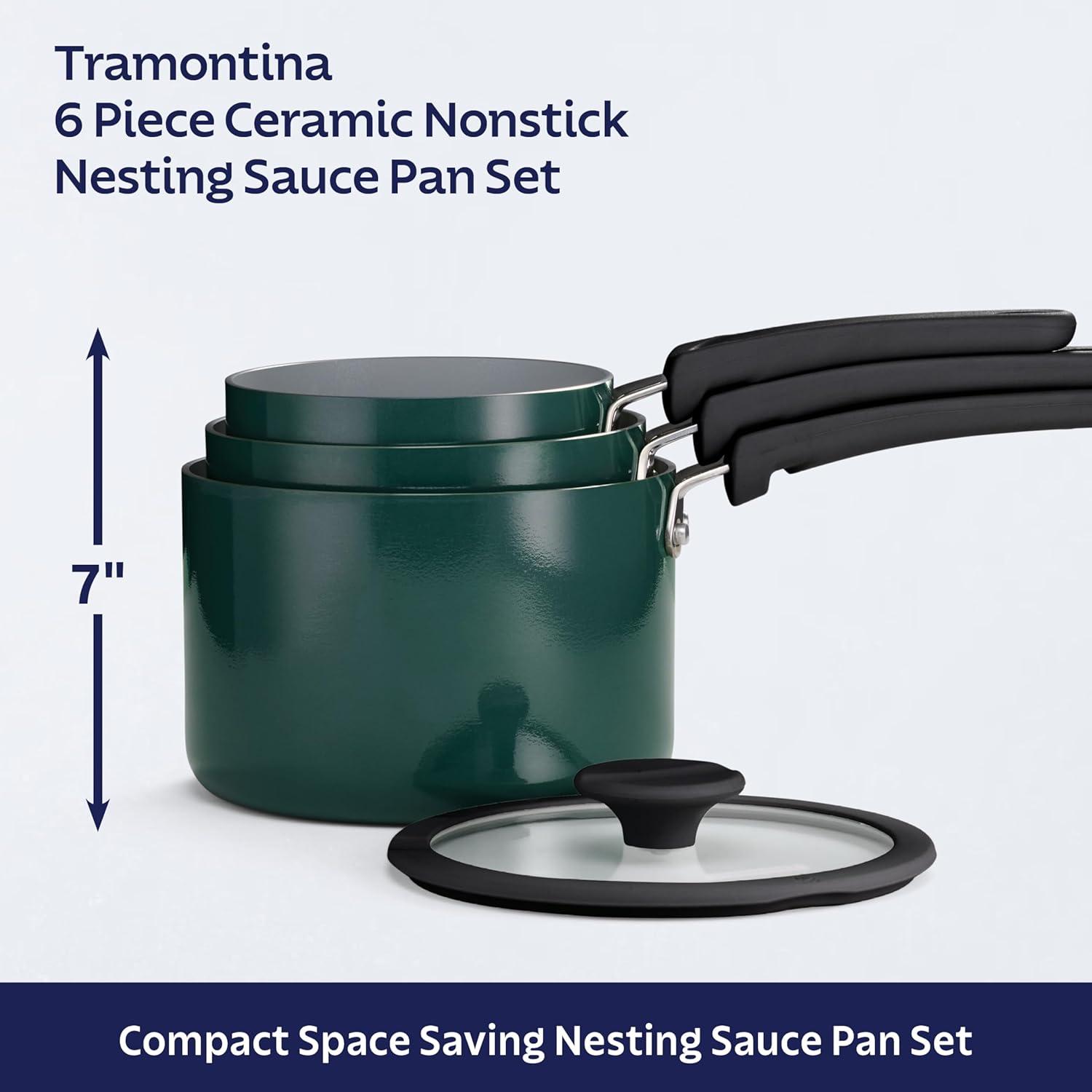 image:imageTramontina Ceramic Non Stick 6Piece Nesting Sauce Pan Set with Lids Stackable Nonstick Cookware Set Dishwasher and Oven Safe Dark GrayTeal Ceramic