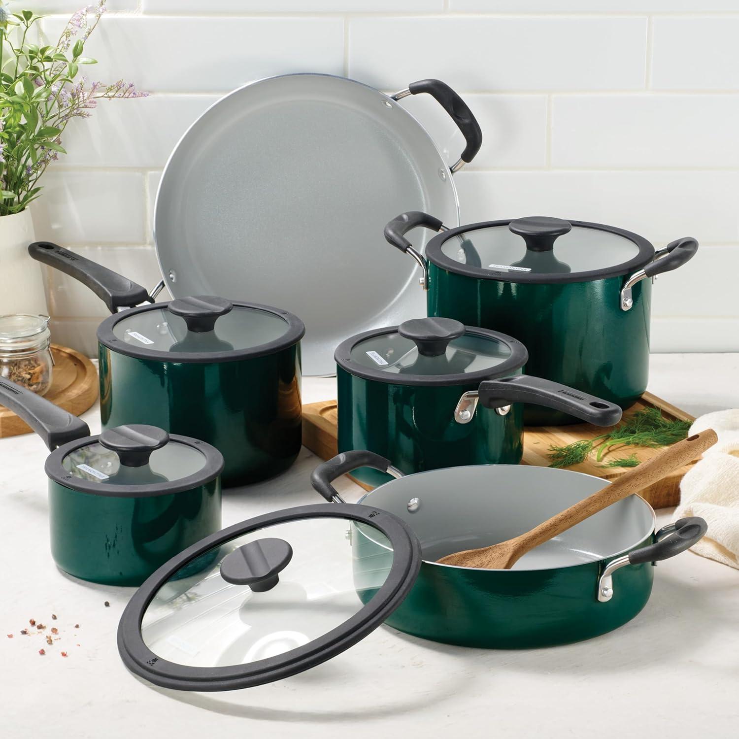 image:imageTramontina Ceramic Non Stick 6Piece Nesting Sauce Pan Set with Lids Stackable Nonstick Cookware Set Dishwasher and Oven Safe Dark GrayTeal Ceramic
