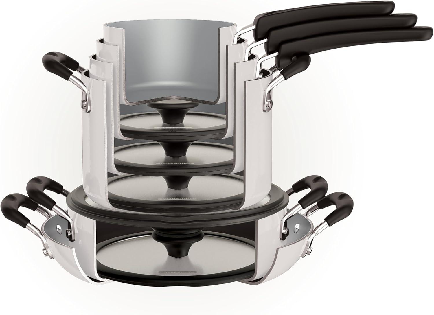image:imageTramontina Ceramic Non Stick 6Piece Nesting Sauce Pan Set with Lids Stackable Nonstick Cookware Set Dishwasher and Oven Safe Dark GrayWhite Ceramic