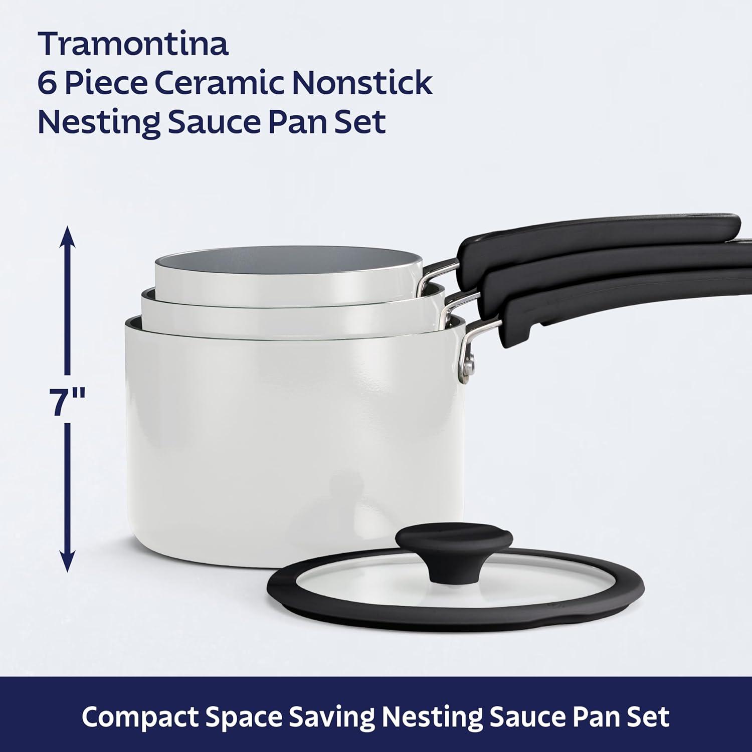 image:imageTramontina Ceramic Non Stick 6Piece Nesting Sauce Pan Set with Lids Stackable Nonstick Cookware Set Dishwasher and Oven Safe Dark GrayWhite Ceramic
