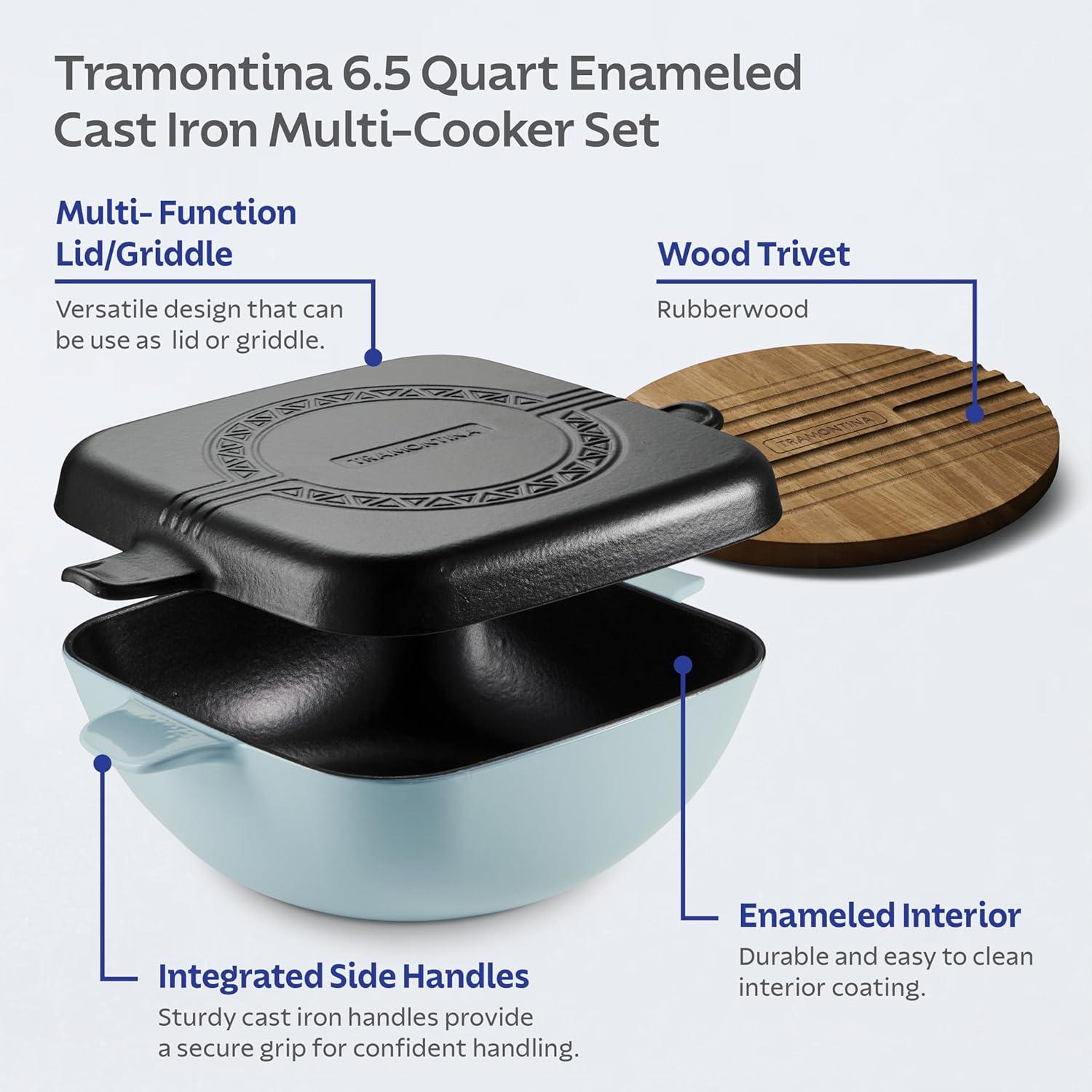 image:imageTramontina Cultura 2in1 Enameled Cast Iron Dutch Oven Pot with Reversible Lid Griddle and Trivet Oven Safe 65Quart MultiCooker Teal GreenStarlight Blue