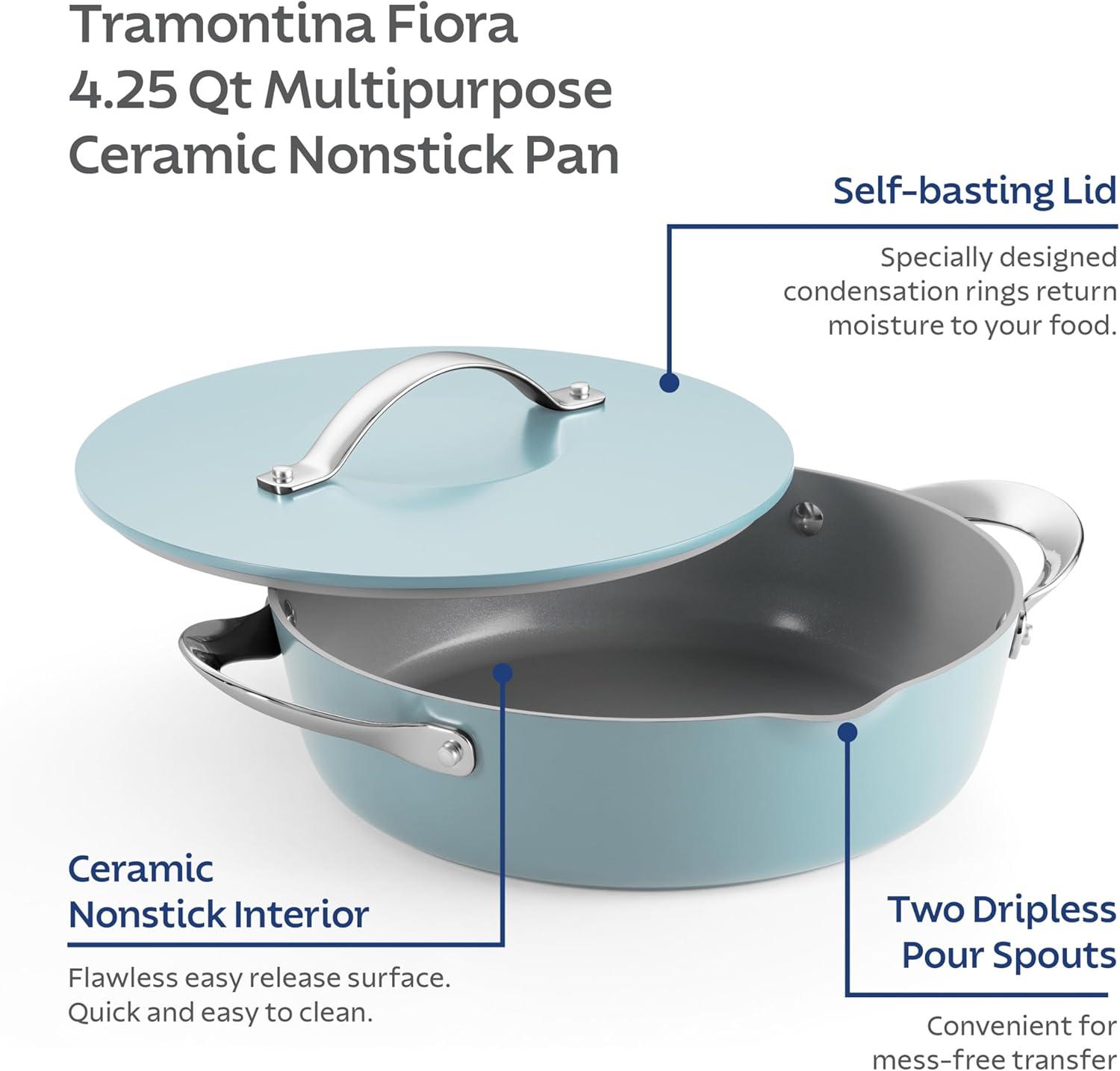 image:imageTramontina Fiora 425Quart Multipurpose Ceramic Non Stick Cooking Pan with Lid BlueFrost Blue
